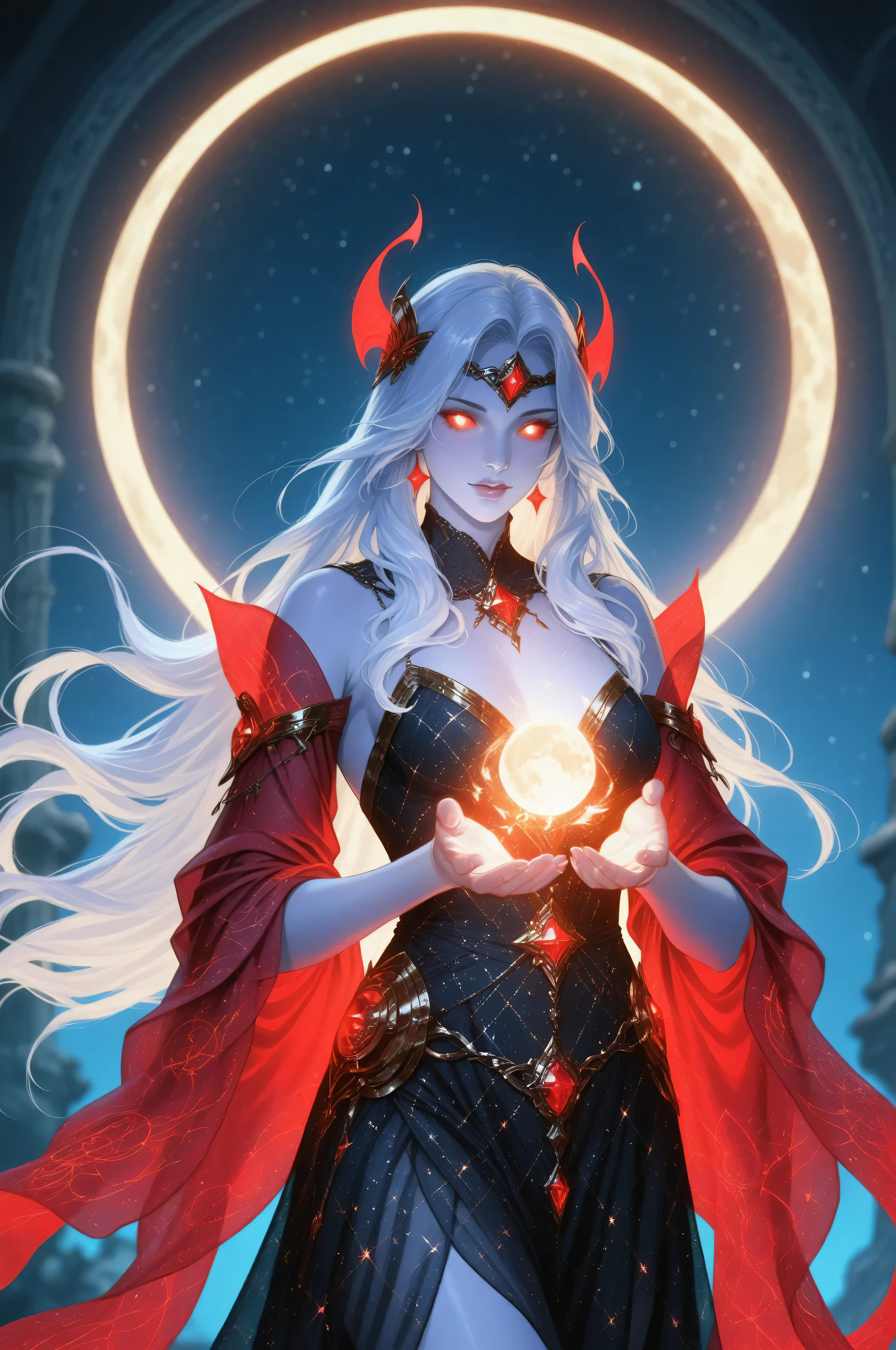 Fantasy Elements,a picture of an epic beautiful woman, ghostly beauty, wearing celestial dress, black silk dress, with celestial patterns, intricate dress, transluminescent dress, transparent dress, red sleeves, epic beautiful woman, pale skin perfect body, ghostly beauty, serene beauty, lush hair, long hair, red glowing eyes, stars weaved in the woman's hair, light caress the woman, moon light caress the dress, fantasy art, night time, the moon rises, award winning, photorealism, depth of field, hyper realistic, zavy-ctcmcs, Celestial Fantasy, dnddarkestfantasy, Art Deco, hyp3rd3tail style, Ethereal Gothic Elegance