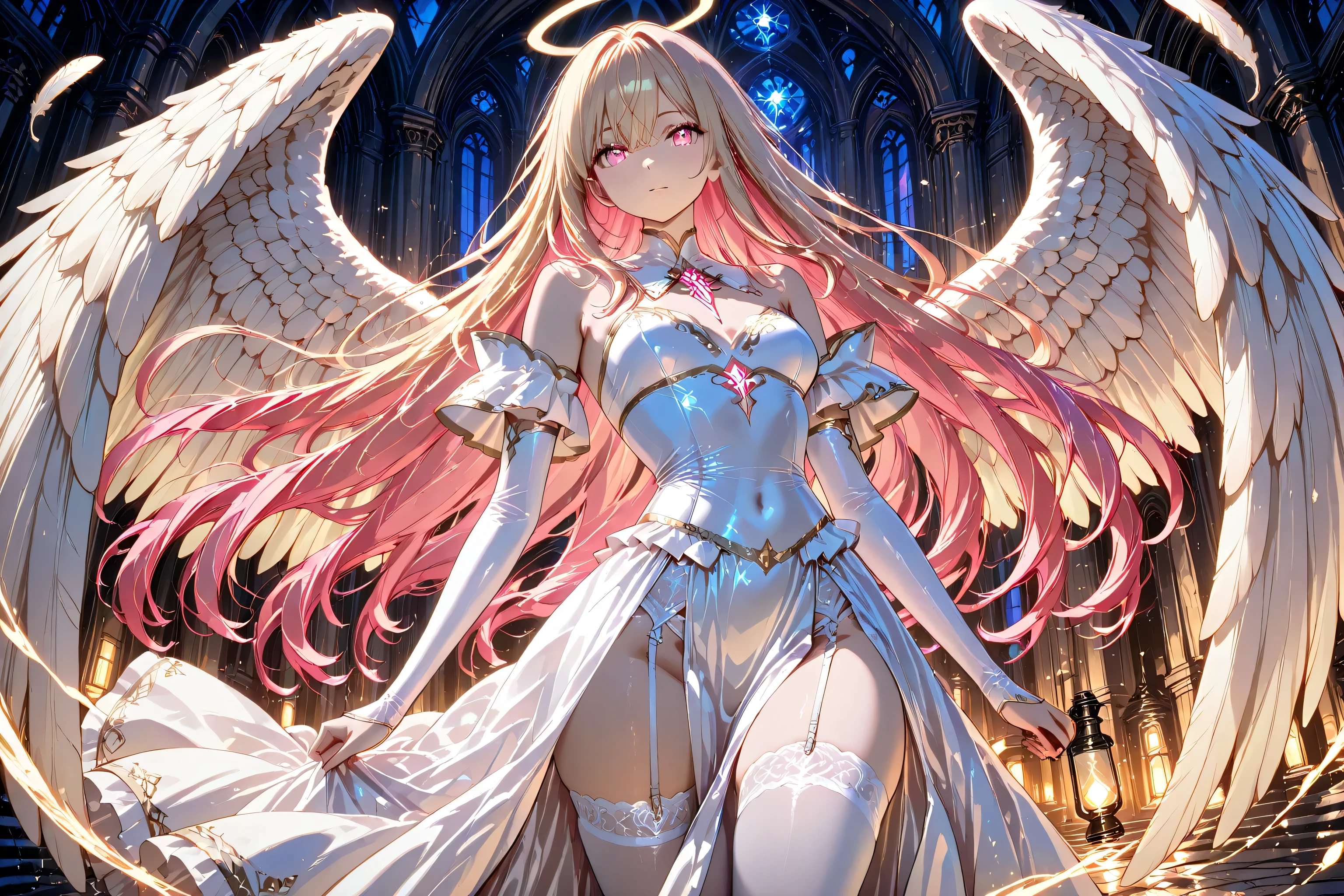 masterpiece, best quality, amazing quality, A fallen angel descended to the earth,
beautiful anime style female angel with long flowing hair,
wearing silky tight dress with high slit, white garter belt and stockings, elegant, innocent yet subtly sexy,
wings slightly tattered and darkened but glowing faintly,
heavenly light shining from behind,
expression soft and gentle, with a hint of allure and melancholy,
fantasy anime illustration, highly detailed, vibrant colors,
soft light, ethereal atmosphere, anime artwork, cel shading