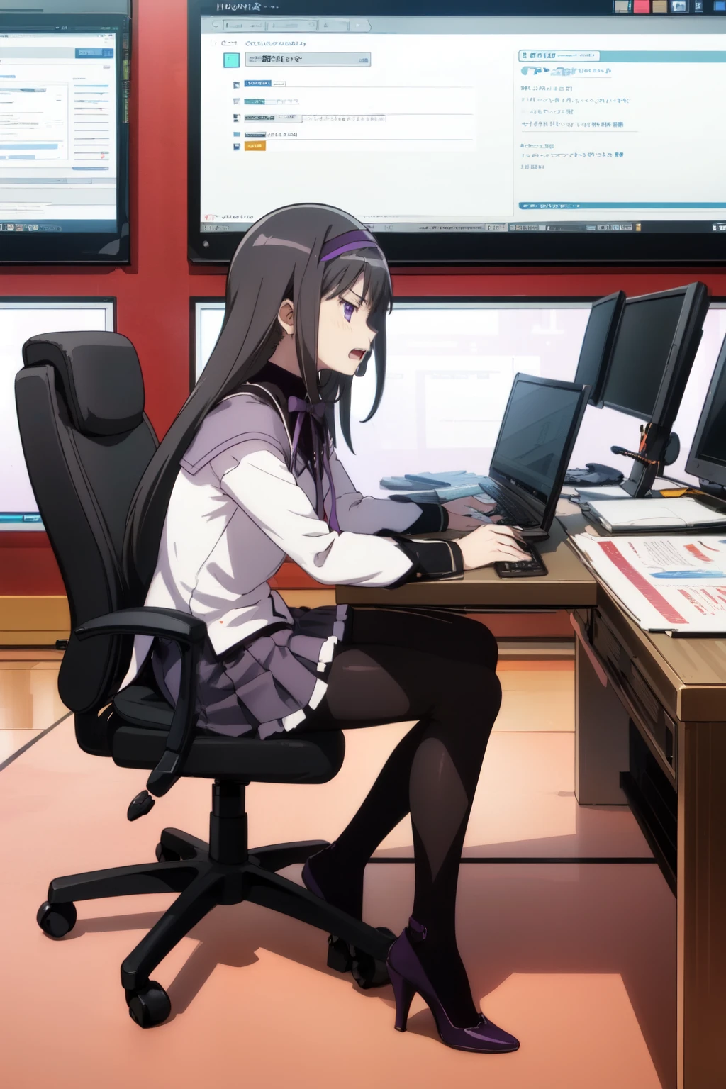 homuramagica , masterpiece, best quality, ultra detail, straight hair, hairband, purple eyes, from side, front angle view, looking ahead, purple skirt, black tights, black heels, whole body, using computer, sitting office chair, open mouth, expressionless, glaring, Forex trading screen