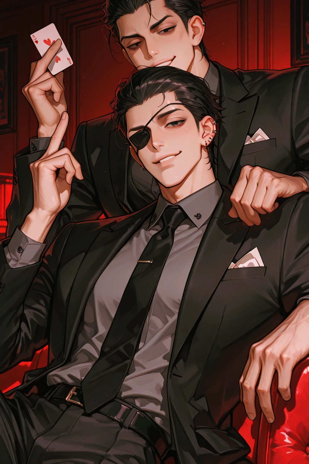 1boy, sukuna, male focus, muscular male, , 3D, realistic, indoor, normal hue, central, golden ratio, sitting on the leather couch, sharp-featured body, tall, burly, highres, slender build, perfect , skin texture,  bangs, shallow eyebrow, symmetrical eyebrow, large bright eyes, symmetrical eyes, double-edged polearm, broad shoulders, noble attire, abdominals stretch, tight-fitting, leather collar, stand-up collared shirt, striped leather necktie, leather waistcoat, open thickened glossy dark leather jacket, bulging muscles, leather gloves, black leather trousers, leather belt, spreading long thin legs, large   over 10 inches length and 3 inches width, , large  with , , high-heeled leather boots, soft smile, handsome, powerful, from front, looking ahead at viewer, day, tattoo_On_his_face, male, full bodyesbian, A pink-haired, cow boy shot, 8K, super detailing, hands in a pocket, tight leather suit, masterpiece, best quality, hyper-detailed, intricate detail, professional photography, matte, bright, the most beautiful ever seen, post processing, dramatic lighting, ambient lighting, epic composition, ultrawide shot, uplight, raytracing reflections, depth of field, gorgeous background