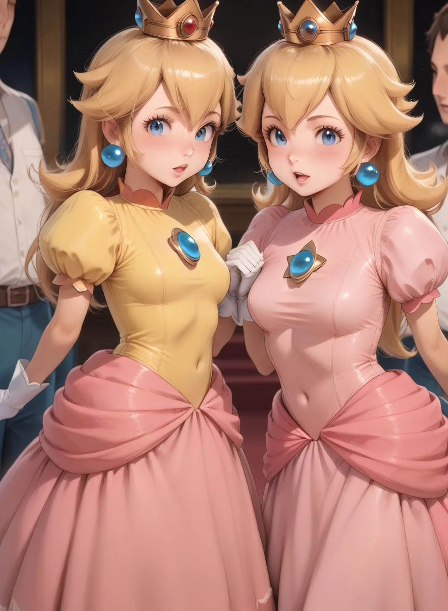 STICKER, (best quality, masterpiece highres:1.4, solid outline:1.2), absurdres, 1 girl, large , star eye, (princess peach), blush, (realistic:1.5), blue eyes, short tight dress, milf, white arm glove, full body portrait, cowboy shot, no background, looking at viewer, perfect face, detailed face, bangs, perfect body, beautiful eyes, pretty face, bright skin, idol, shoes, cleavage,  view,  stockings, unbutton top, dress open, panties