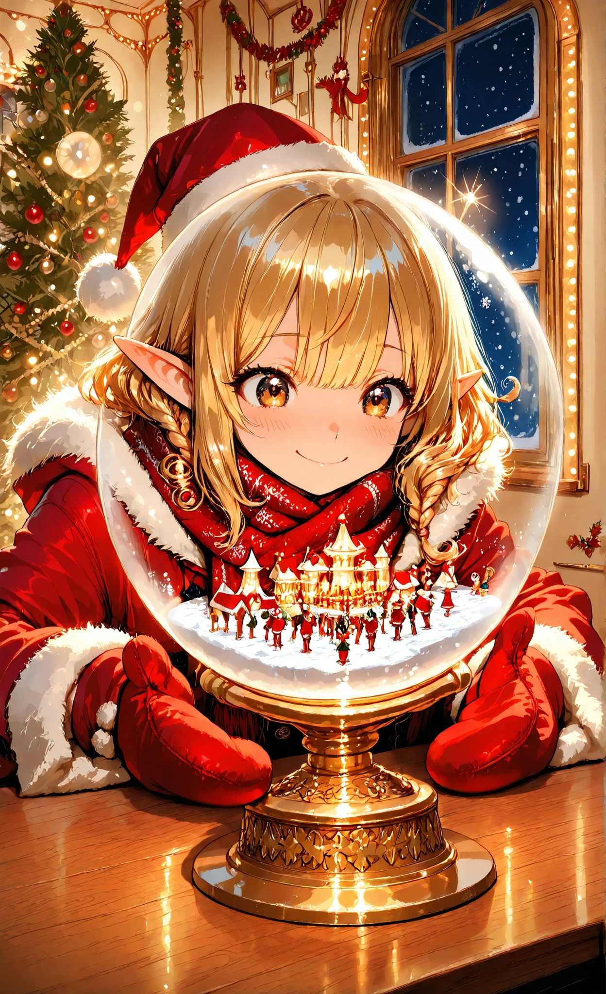 masterpiece, High Quality, 8K Wallpaper, [Illustration], anime style,  Christmas theme , 1girl, Adorable Adult Elf Living in the Snow, Braided Blonde, Little Santa Hat, Red Velvet Coat with White Fur Trimming, braided scarf and mittens, Miniature Christmas Market、Merry-Go-Round、Candy Shop, Warm Light Window, Pine Decorations and Glass , Swirling Sparkling Snowman, Frost on Glass Edges, Refracted Light and Light Reflections, Macro Closeup, has a shallow depth of field, creamy bokeh, Warm Golden Light, Cool Moonlight Rim, gentle smile, glowing eyes, delicate eyelashes, Embroidered Fabric Details, fluffy fur texture, Magical sparkle, Festival, Cozy and Bright Atmosphere, movie-like composition