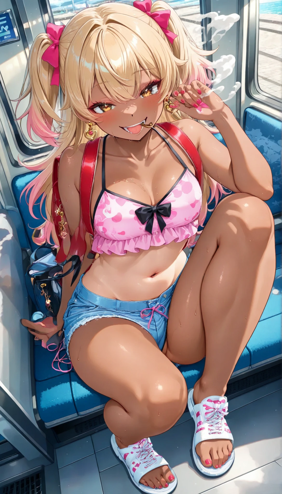 top quality、Detailed drawing inside a commuter train、womanhood、Short belly button、earrings、Blonde、brown skin、Ebony、Full body bare feet, beach sandals、 tobacco(There is smoke coming out)Cross the legs holding it