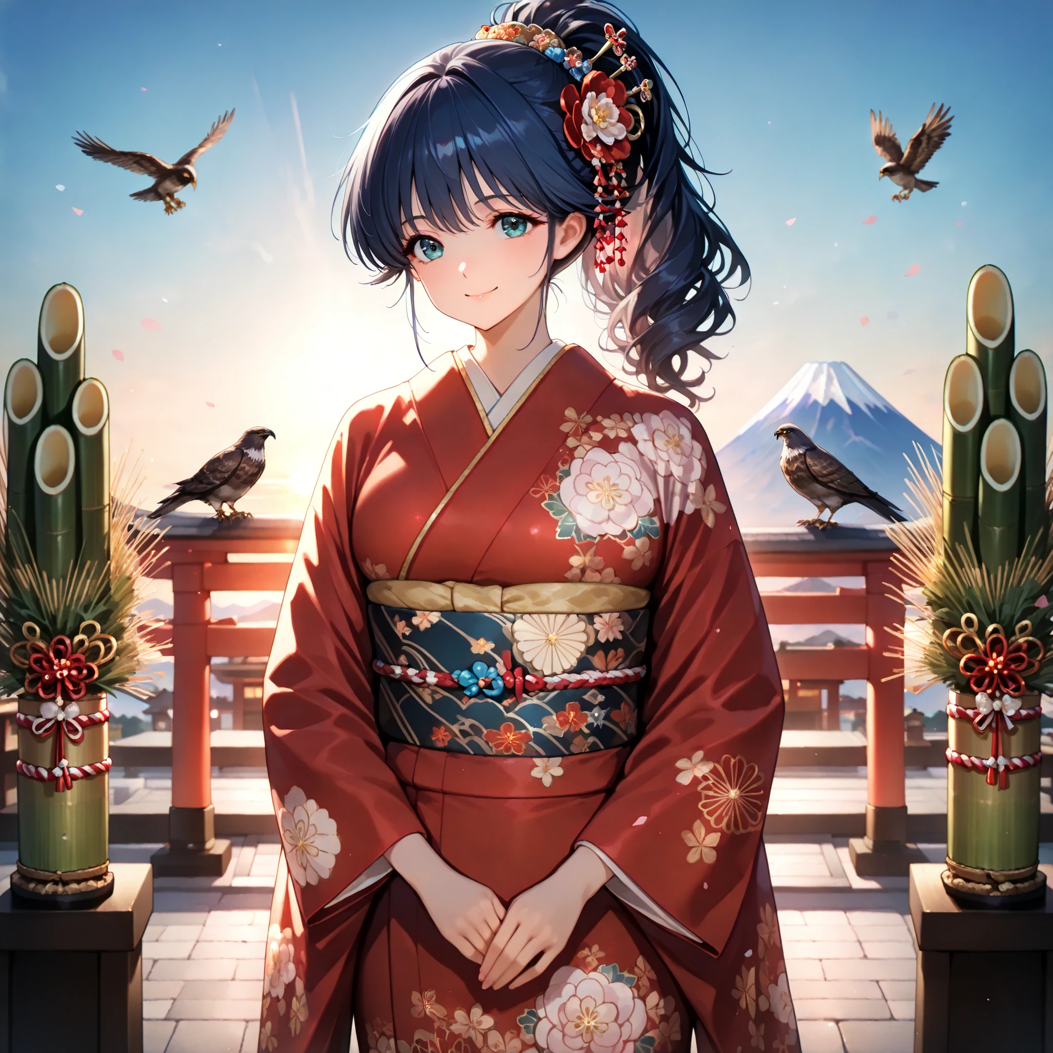 sunrise,dawn,Cute girl in kimono,,,(ayukawa madoka),dark blue hair,ponytail,busty,smile,japanese kimono,red kimono, floral print,{{masterpiece}}, {{{Highest Quality}}}, {{Super Detailed}}, {{illustration}}, wonderful,Precise Details,kanzashi , hair ornament,outdoor,Kadomatsu,first shrine visit of the New Year,Mt.Fuji,eggplant,hawk,blue sky,she has eggplants