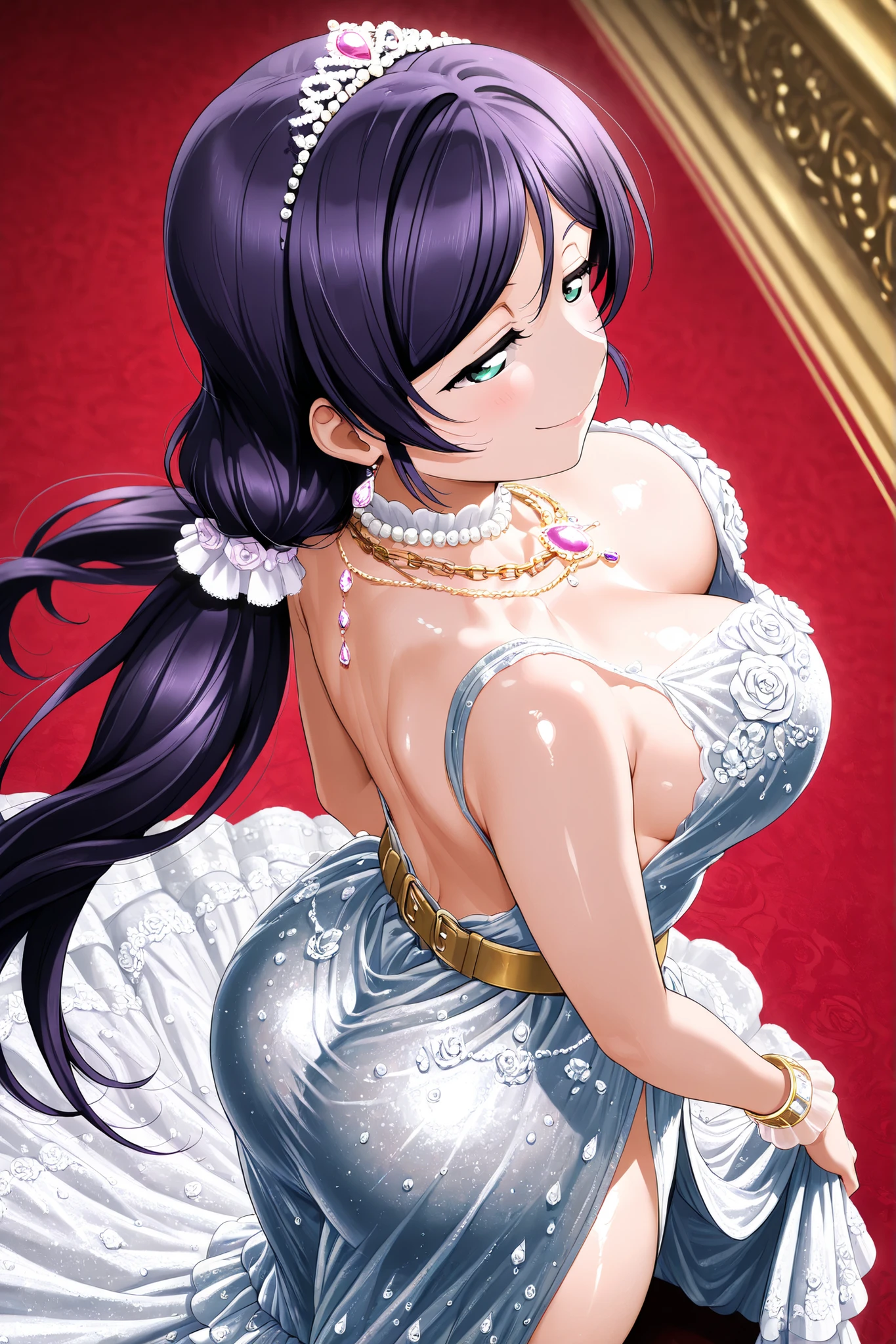 ,Love live, love live official artwork,shiny skin, sheer fabrics, toujo nozomi, large breasts, deep v-back dress, embroidered gown, elegant embroidery, royal fashion, luxurious fabric, silk dress, velvet dress, crystal embellishments, waist belt, flowing skirt, side slit, back jewelry, chain necklace, delicate accessories, bracelet cuffs, soft melancholic smile, half-lidded eyes, over the shoulder glance, elegant pose, refined beauty,over-the-shoulder perspective, cowboy shot ,ass