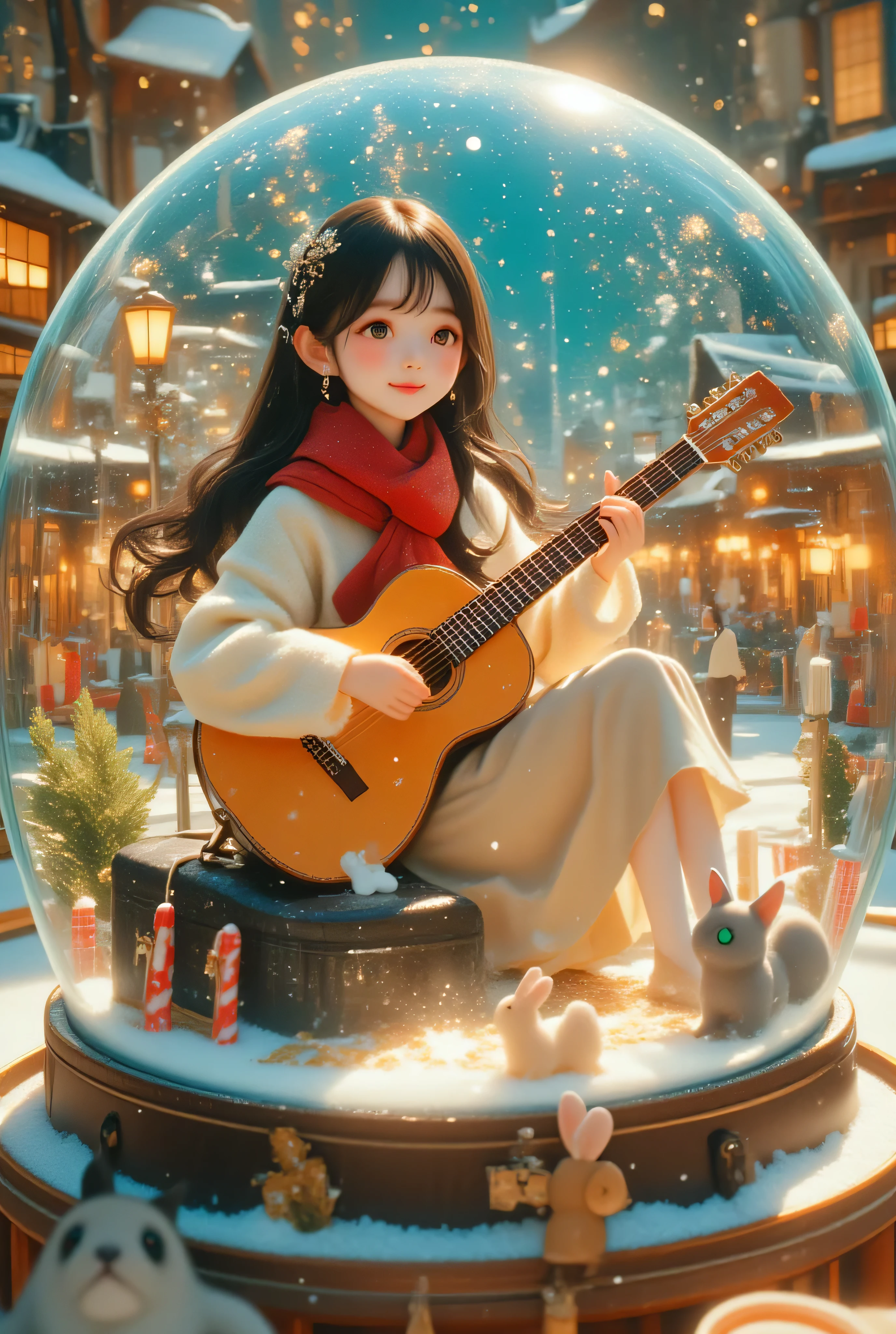 jiyeon_oc:1.2, ultra-detailed, high detail, best quality, masterpiece, detailed shadows, vivid colors, illustration, semi realism style, (snow globe:1.3), Christmas theme, 1girl, cute girl living inside the globe, long flowing black hair and a silver hairpin, wearing a vintage cream sweater, beige midi skirt, and red fur scarf. tiny Santa hat, old acoustic guitar and singing for passersby. There are people walking on the street. A large black leather guitar case rests nearby with a glowing plush rabbit keyring attached as a mystical charm. A small gray kitten with green eyes sits close to her feet. miniature village with warm lamplight, pine ornaments and candy cane fence, swirling glitter snow, frosted glass rim, refraction highlights and glass caustics, macro close-up, shallow depth of field, creamy bokeh, warm gold and soft teal palette, gentle smile, glossy eyes, delicate eyelashes, fabric embroidery detail, fluffy fur texture, magical sparkles, festive, cozy, bright atmosphere.
Natural pose and motion, dynamic screen composition, Dutch angle, super realism.