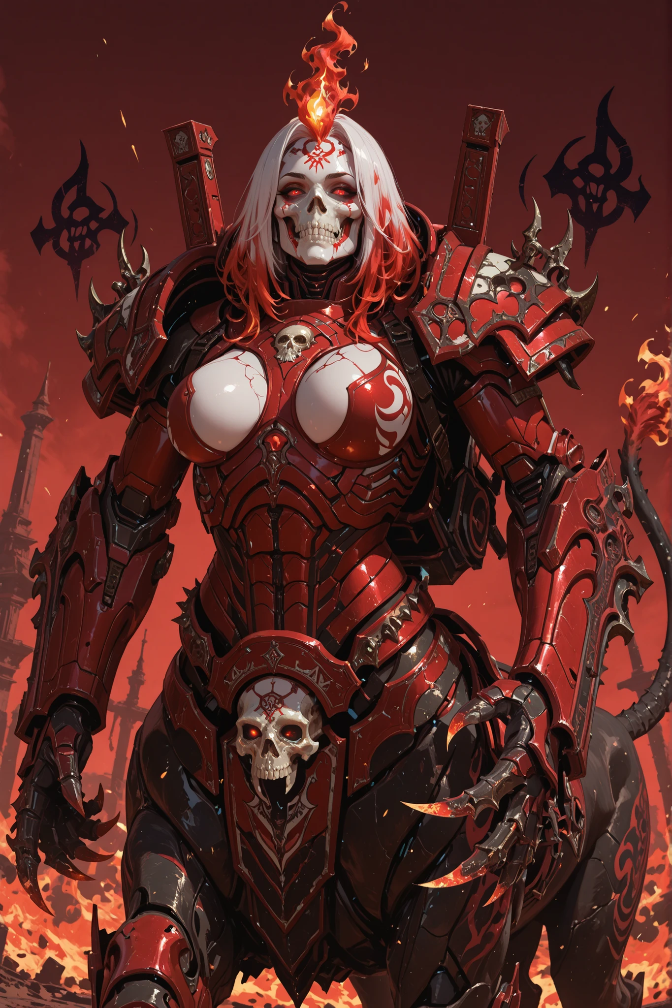 UHD, masterpiece, anatomically correct, super detail, best quality, high-res, 16k, solo, Necrosphinx, Long flame hair white color hair, red eyes, white skull face, skull in flames, symbols on skull, very large breasts, power armor crimson color, A menacing armored gauntlet featuring jagged bloodstained metal claws, centaur lover body of panther in crimson power armor, red send background, panther flame tail, power backpack