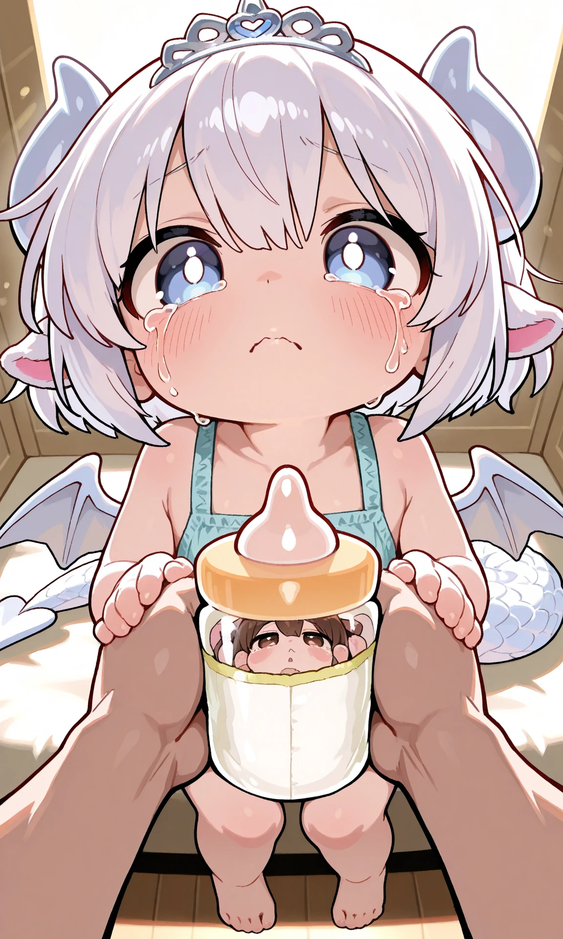 (anthro sheep), (male werewolf) score_9, score_8_up, dream prompt:score_9, beautiful, detailed cute face, blushing, shocked expression, reverse suspended congress, looking surprised, crying, hooves in view ((screaming)), , saliva, , spreading legs, arms behind back, grabbing butt, , chibi, young, ((closed eyes)), shortstack, barn, night, night time