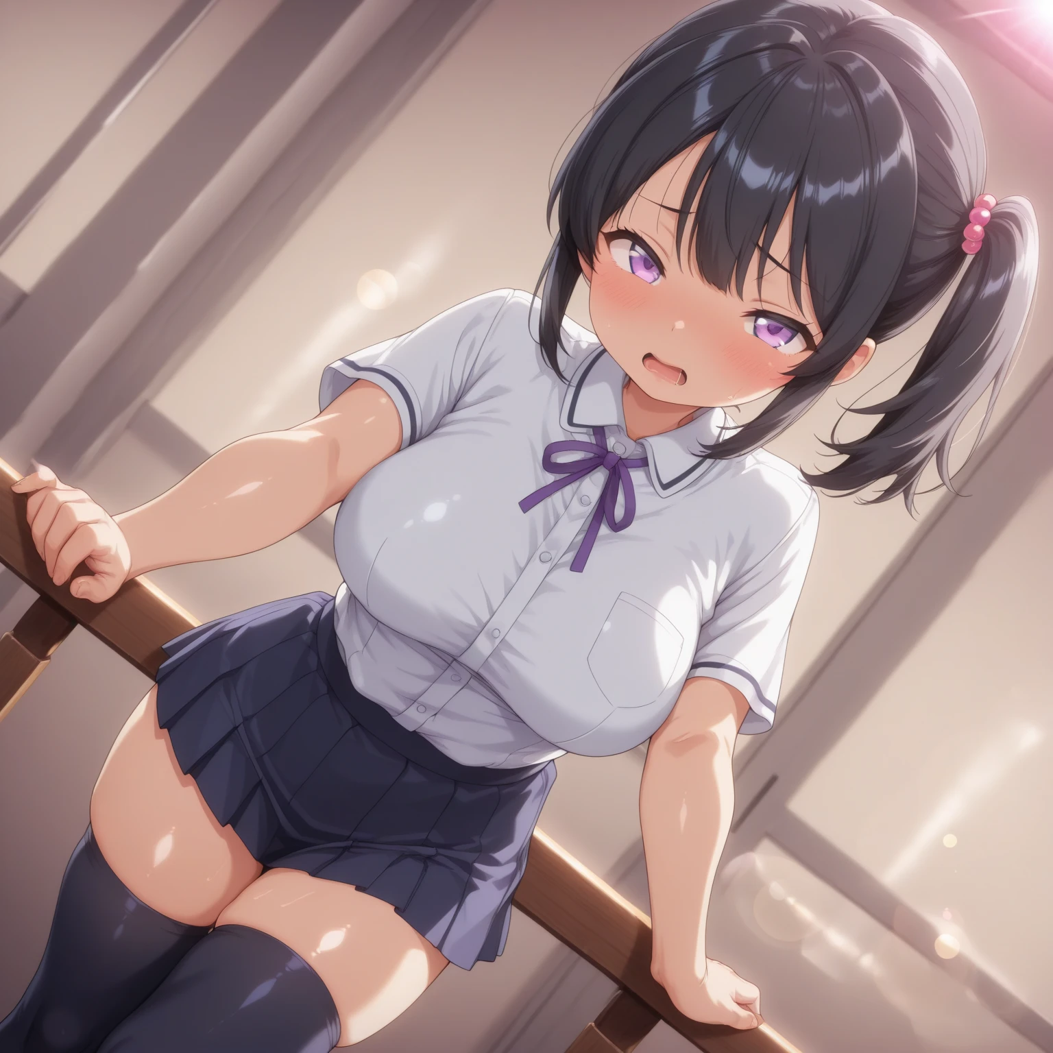 Short black hair Adult female　Dog Ears　Dark blue colored eyes　Flat chest　Full 　She is squatting and  wide open for us to see.　School classroom　smile　