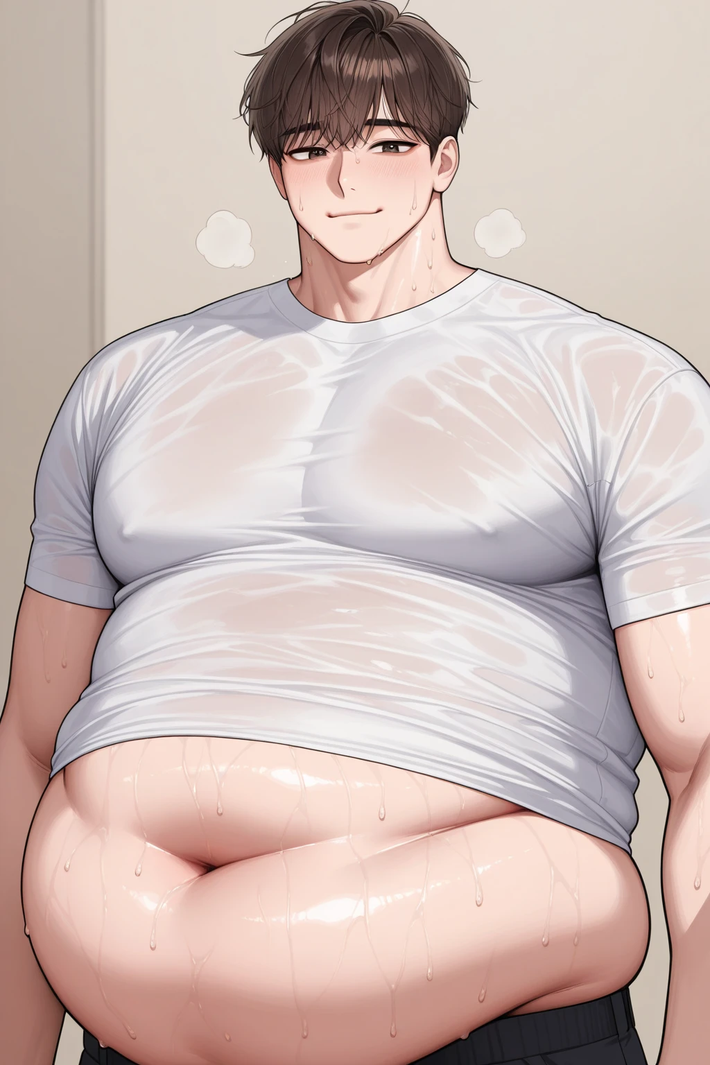 1man,masterpiece best quality, Chubby, Belly, Round face, from front, messy hair, , Casual clothes, Simple white background  