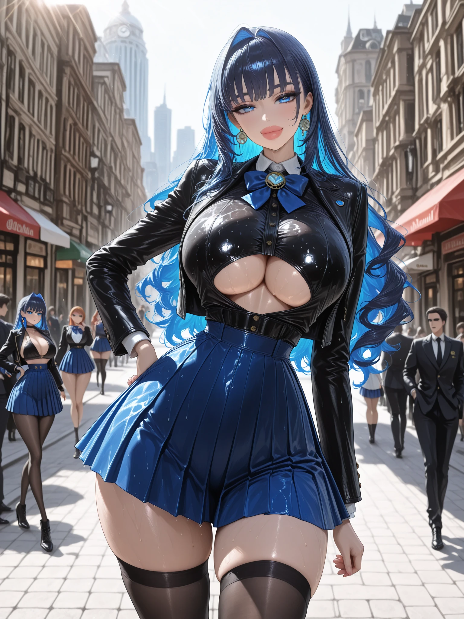 (((absurdres))), (((masterpiece))), (((best quality))), ((ultra-detailed)), ultra high quality, realistic, (real picture, intricate details, depth of field), ((((1girl, solo)))), make up, parted lips, highly-detailed, perfect face, (((mature woman, ))), (huge breasts, thick thighs, wide hips, attractive waist), (), tall, glossy lips, ((toned abdomen)), sexy, blushing, ((blue hair, blunt bangs, very long hair)), ((beautiful blue eyes)), ((earpiece, hair accessories, hair ornaments)), ((((black , zippers, , cleavage)))), alluring smile, ((alleyway, night:1.6)), (((cowboy shot,  pose)))