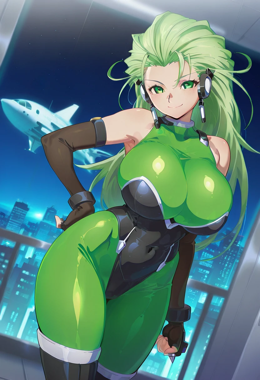1girl, large breasts, wide hips, thick thighs, green hair, very short hair, short hair, yellow eyes, bikini, black bikini, neon trim, green neon trim, smile, smirk, smug, futuristic, science-fiction, tech, shoes, sneakers, green neon trim, green trim, black clothes, motorcycle, motor vehicle,