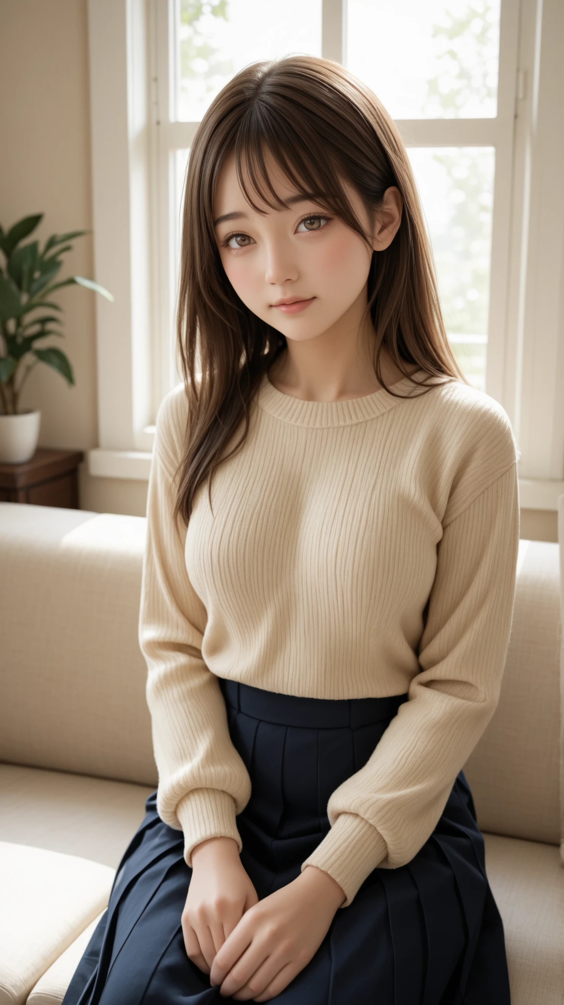Ultra-realistic portrait of a young Japanese woman in her early twenties, her breasts are pretty small,
with very long ash beige hair that glows in the morning sunlight and soft brown upturned eyes filled with warmth and calmness.
She has a small graceful nose and a serene, tender expression.
She stands gracefully near a sunlit window in a cozy modern living room,
wearing office casual, a sweater and a skirt of above-knee length that moves lightly with the air.
The morning light gently illuminates her silhouette, creating a dreamy, cinematic feeling.
The scene is filled with natural wooden textures, soft fabrics, and warm golden tones —
evoking peace, warmth, and quiet intimacy.
Cinematic lighting, soft focus, high realism, 8K detailed rendering, morning atmosphere, natural light photography.