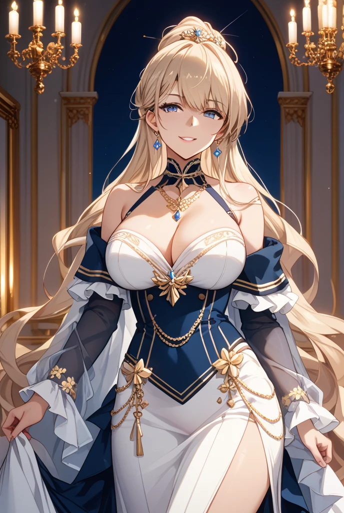 Miss Qianjin is gentle, sweet, considerate and arrogant, with white skin, beautiful long-legged 4K anime characters((midynight, Need, 8k, tmasterpiece:1.3)), full bodyesbian, Long legs, Focalors:1.2, perfect figure beautiful woman:1.4, Slim abs:1.1, ((Blonde hair, huge :1.2 )), (, The beautiful princess bandeau dress shows nobility, standing on your feet:1.2), ((Magical grand castle, the roof:1.3)), Highly detailed facial and skin texture, A detailed eye, 二重まぶた