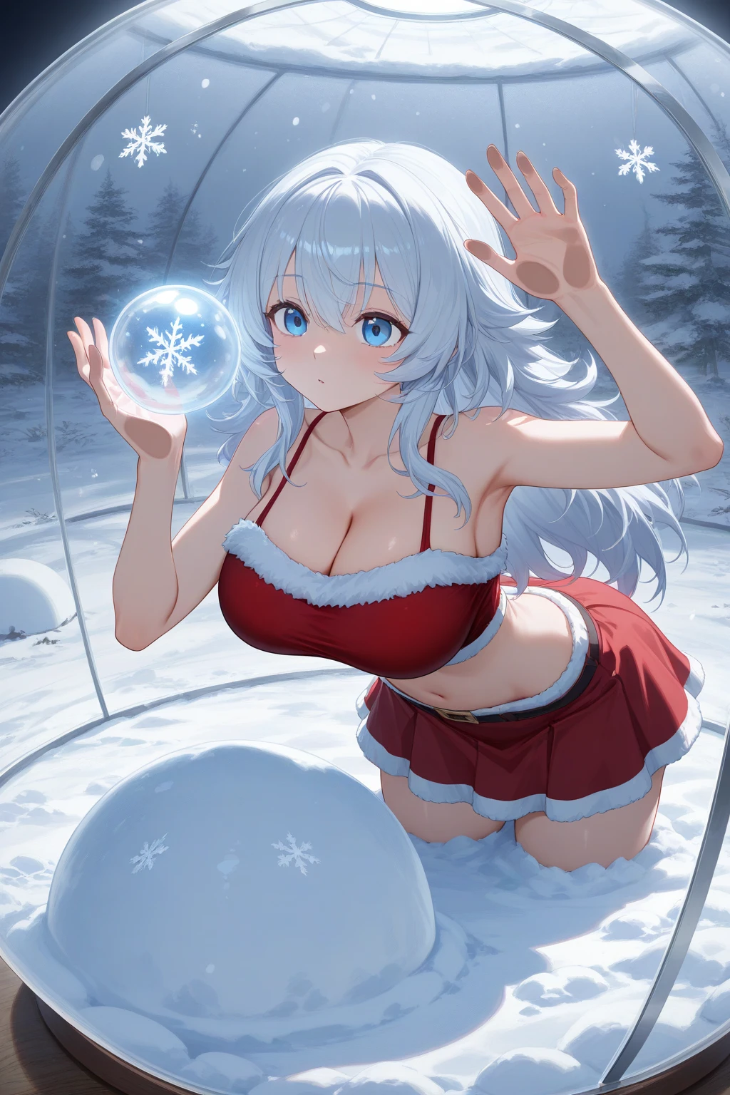 top-quality、Top image quality、​masterpiece、teens girl((metallic red santa costume、santa style bikini、sixteen years old、teen ager、Best Bust、big bast,Beautiful light blue eyes、Breasts wide open, a blond、A slender,Large valleys、dye one's cheeks red、Leaning forward、White breath、Reflecting the whole body、Laugh、Sit up、M-shaped legs)),hiquality、Beautiful Art、Background with((crystal city at night、snowflakes falling、Heavy snow falls、snowman、ice tower model、A world where snow piles up)))、masutepiece、depth of fields,