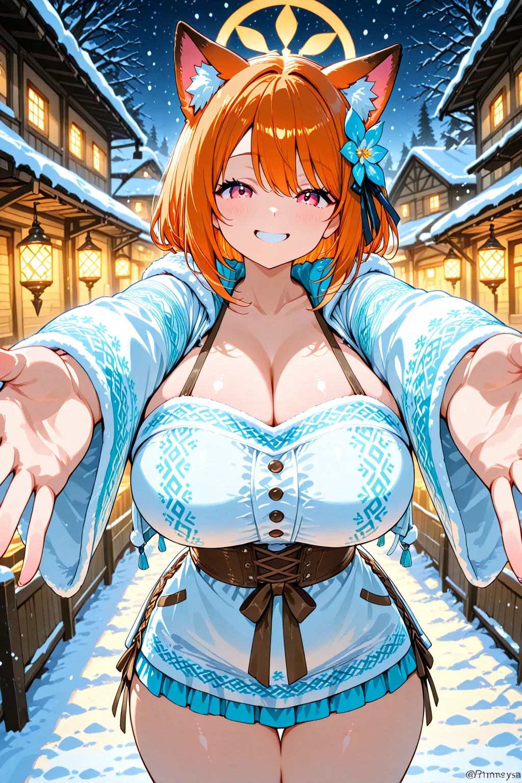 (Masterpiece, Best Quality, High Quality), professional artwork, well drawn, Intricate Details,solo,in village Kousaka honoka, afternoon , ultra detail hair, ultra detail face, perfect eyes, earring, Looking at Viewer, pink clothes , strapless,off shoulder kimono, cleavage, thighhighs, (thighs), thighs gap,dark orange hair , standing, smile 