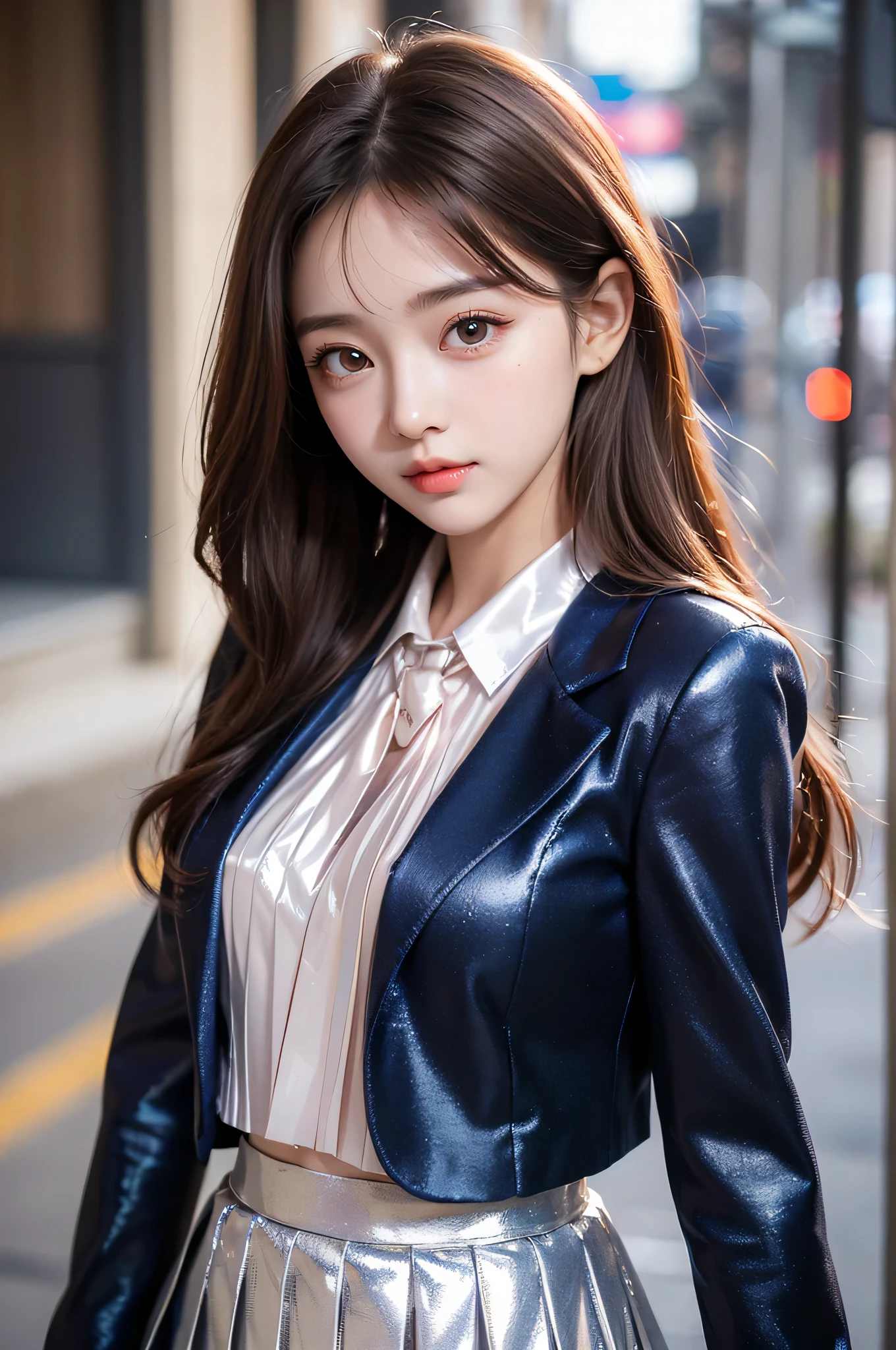 (super cute young face:1.2),(Very beautiful cute girl),(baby face:1.1),(sparking clear attractive large eyes:1.2), Beautiful detailed eyes, Detailed double eyelids, smiling, (realistic photograph:1.1), in the street,
(Super Shiny Metallic dark navy Blazer and Pleated Skirt :1.3),School uniform,(white blouse:1.1),pink string Tie,
(brown hair:1.2),professional portrait ,costume with very smooth and strong reflective surfaces