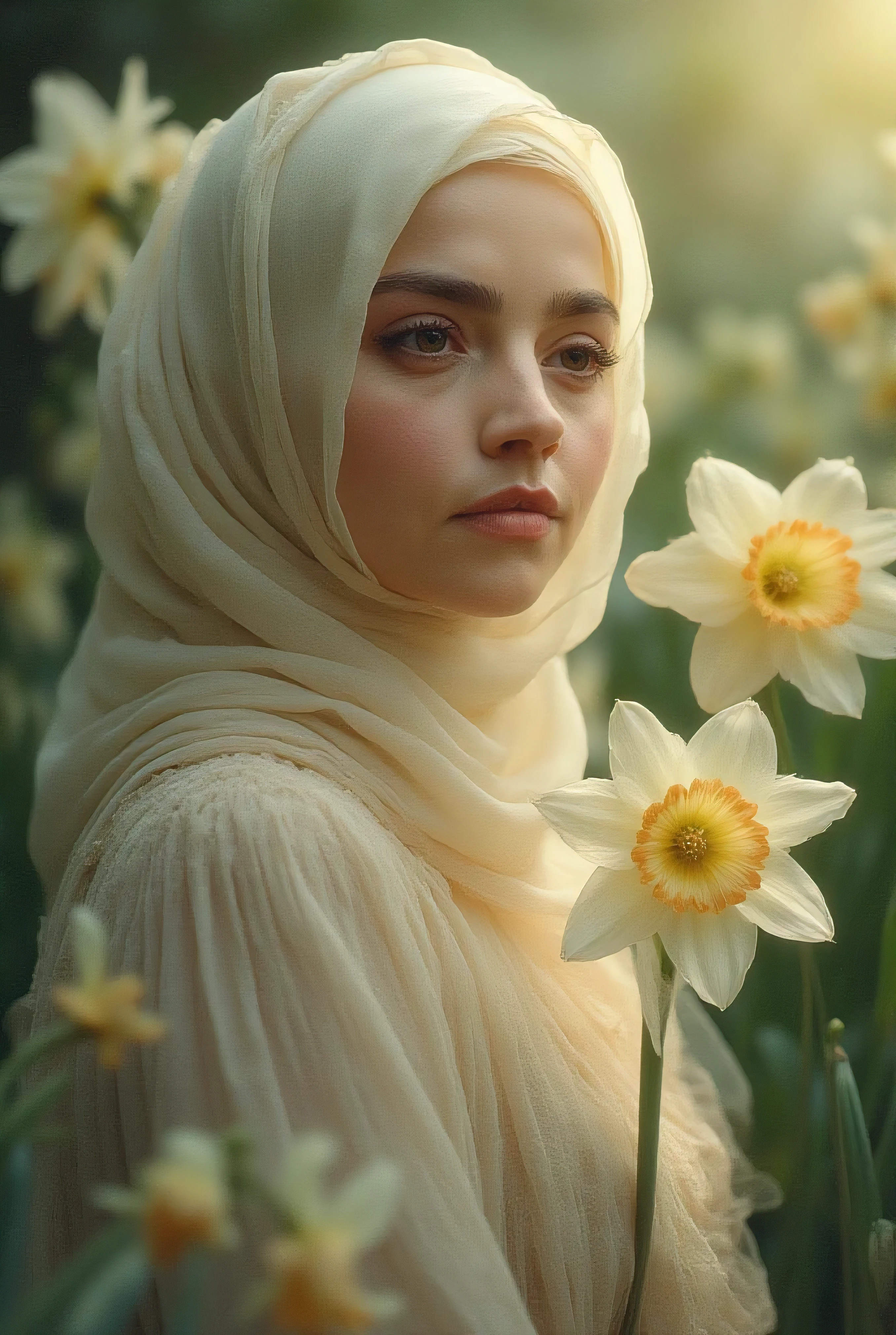 Umm wearing hijab; eye color; narcissus; the color of the face is corny; her breasts are big (٤:٩٤) Her body is normal 