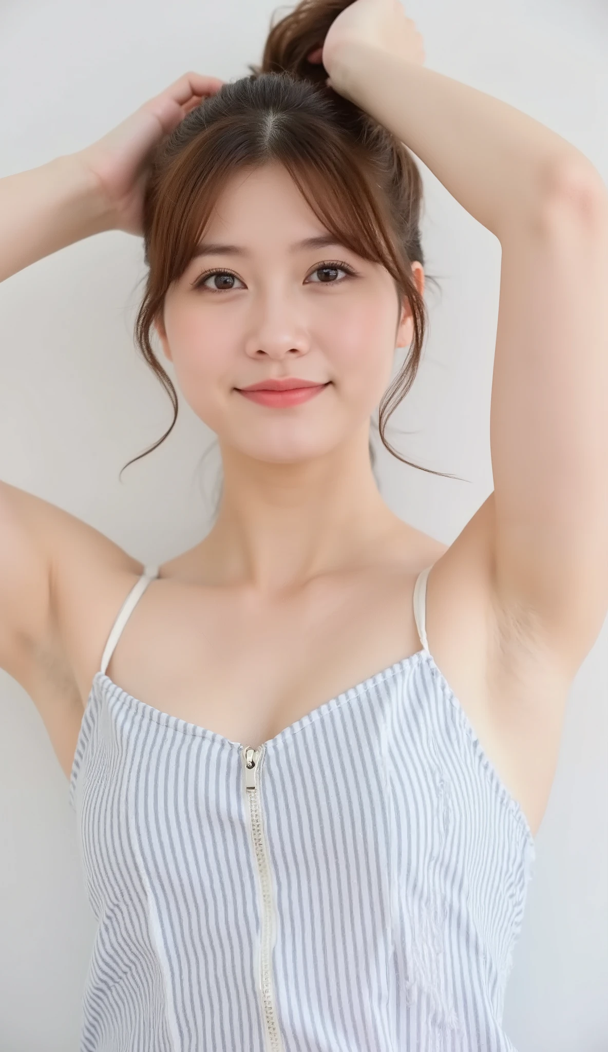 ((Non-NSFW)),High Quality, masterpiece, High Quality,masterpiece,Japanese Actress,20 years old,brown hair,up hair,bread、brown eyes inside vagina、In the mouth, Vertical striped tank top ,sleeveless, Spread hair under your armpits, Armpit hair,light pink lipstick,fold your hands behind your head, Full Body Map, Front Map