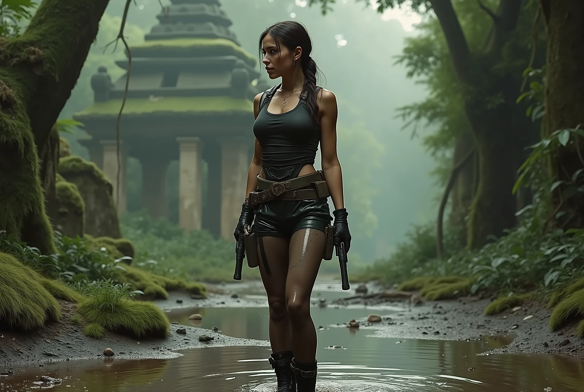 a highly detailed head to toe picture of "Lara Croft" in her signature Tomb Raider outfit from the first video game wearing wet dark black pantyhose underneath her wet shorts, her holstered pistols and her combat ankle boots. She's standing in a puddle of water in a jungle next to an ancient ruin.