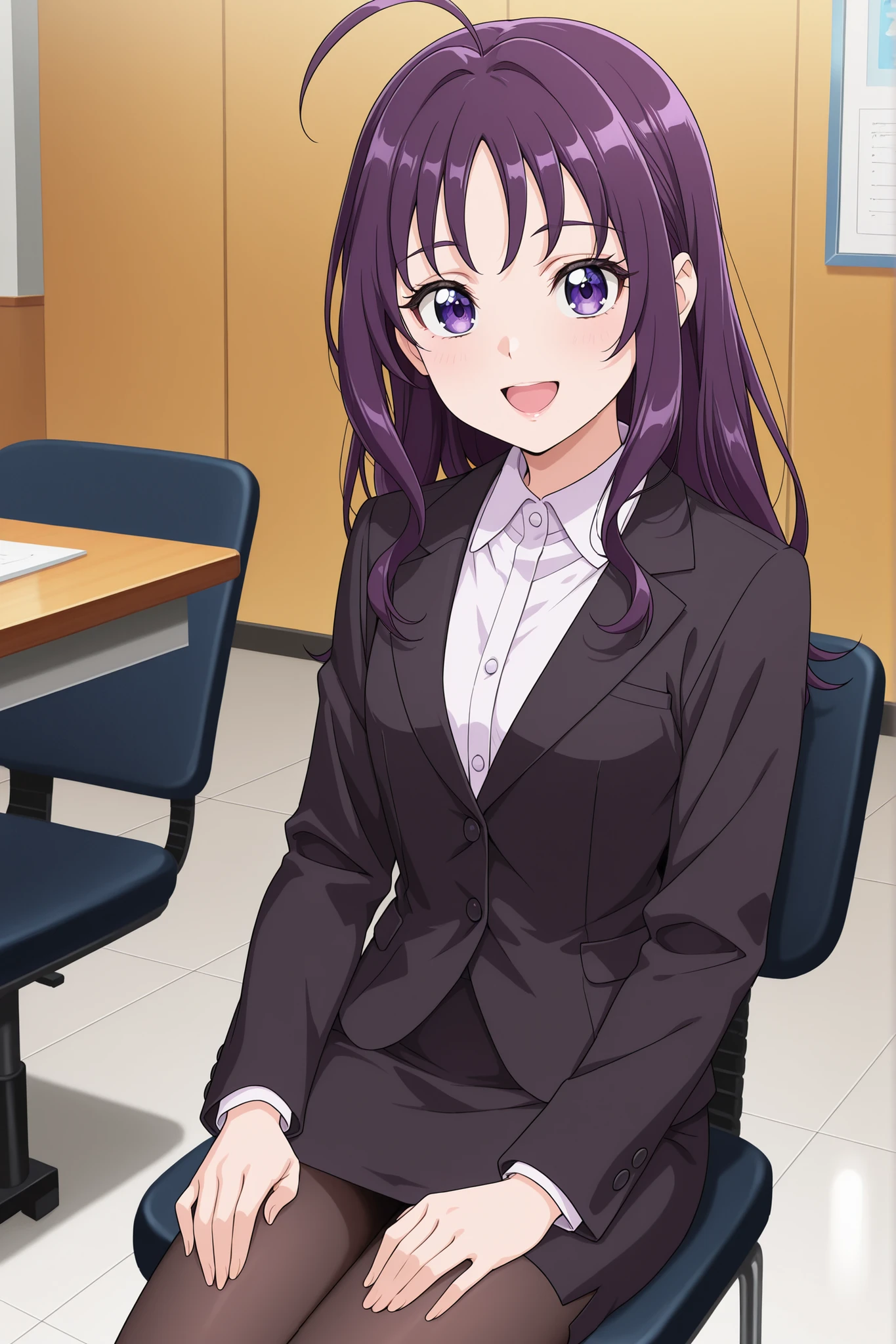 masterpiece, best quality, absurdres, very aesthetic, general, score 9,anime screencap,shigure kokoro, 1 adult female , solo, purple hair, straight hair, purple eyes, open mouth, rouge lips , ahoge, recruit suit, black suit ,closed blazer, two buttons blazer, collared shirt , button shirt ,pencil skirt,pantyhose,hands on thigh, smile , from front ,company conference room ,indoor ,sitting on chair ,looking viewer