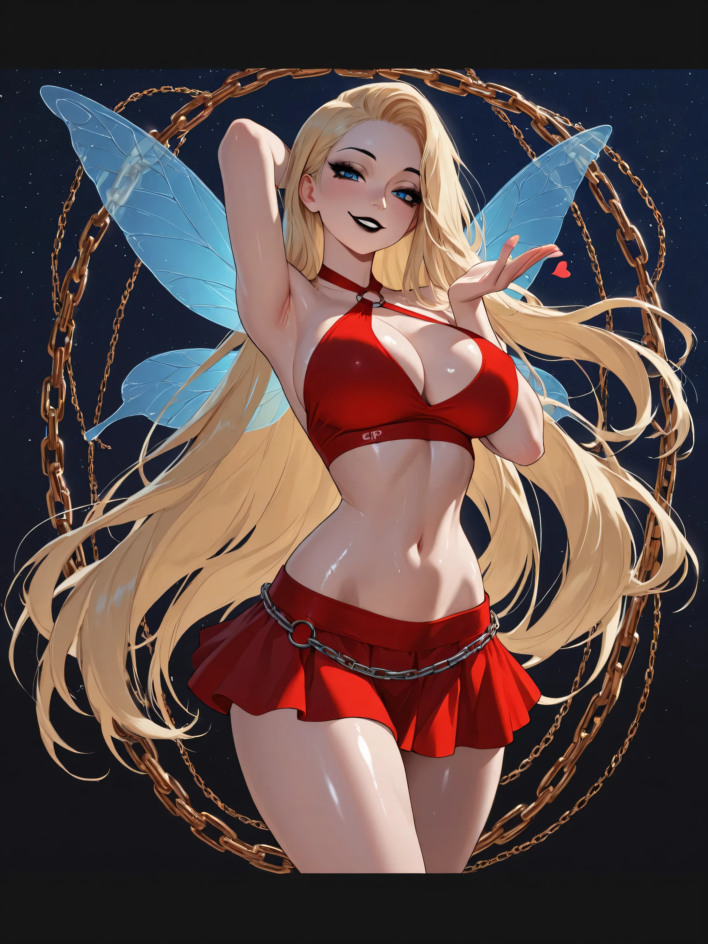Score_9, Score_8_up, Score_7_up, Score_6_up, Score_5_up, Score_4_up, Source_anime, Tag1, Tag2, Quality_masterpiece, Anatomically correct, 20 year old girl, Beautiful face, Perfect face, Highly detailed beautiful face and eyes, Attractive face, Detailed face, Delicate facial features, shiny smooth skin, perfect eyes, slender body, , thin waist, thick thighs, Eyelashes, black makeup, blue eyes, blonde long hair, smile, red halter top, red flowing miniskirt, golden waist blue fairy wings, chain, crop top, standing, blowing a kiss, night sky background