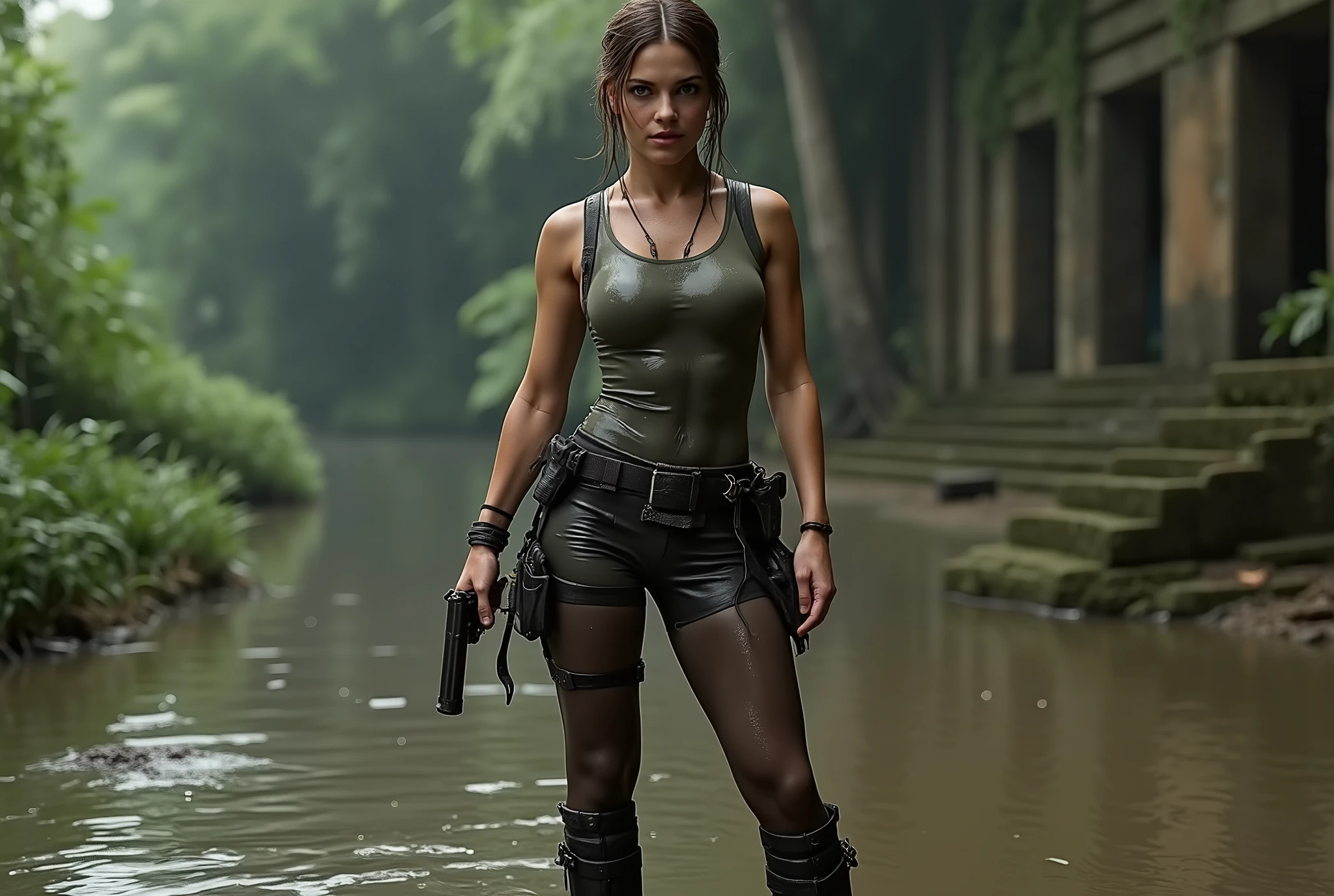 a highly detailed head to toe picture of "Lara Croft" in her signature Tomb Raider outfit from the first video game wearing wet dark black pantyhose underneath her wet shorts, her holstered pistols and her combat ankle boots. She's standing in a puddle of water in a jungle next to an ancient ruin.