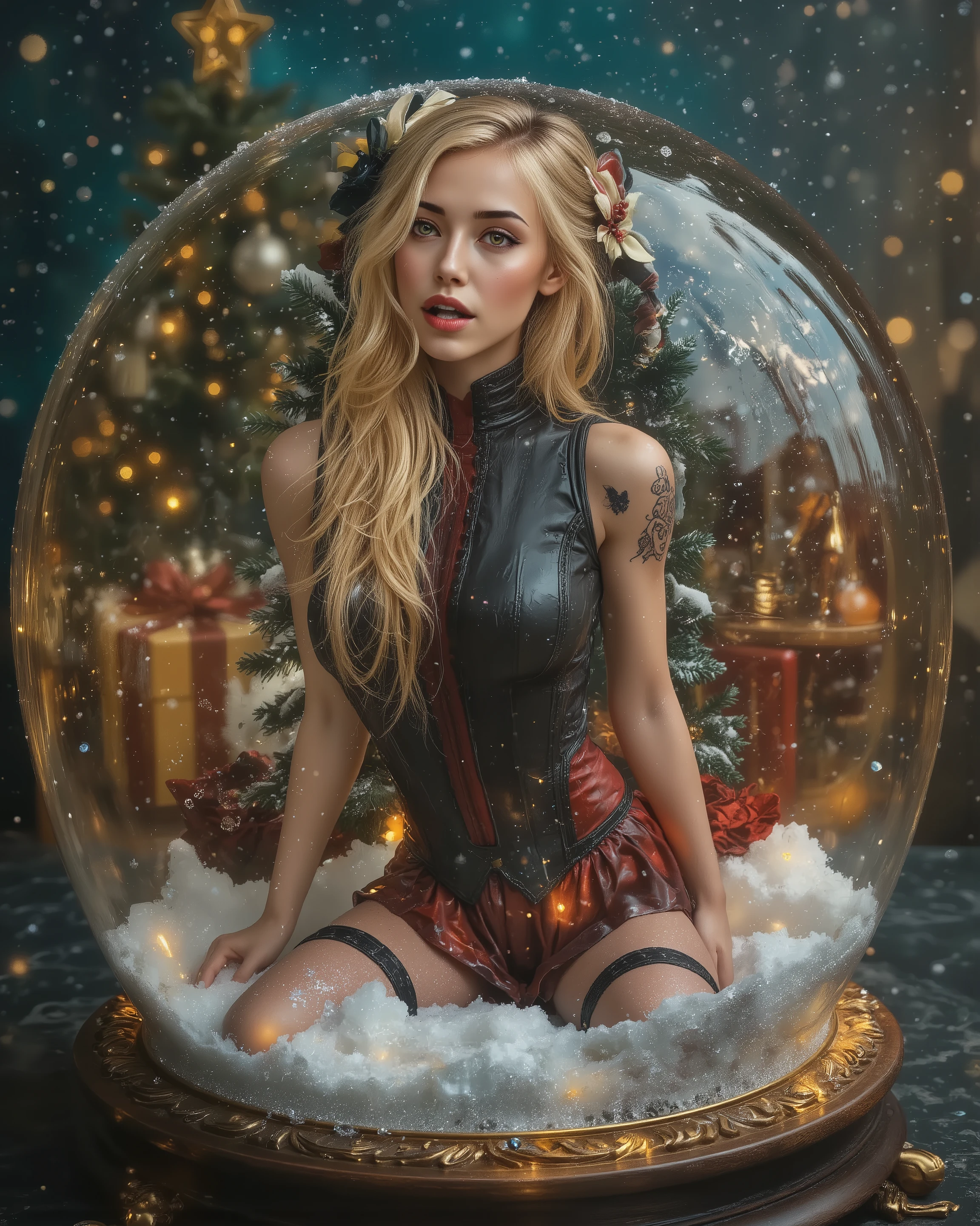 [Style: "masterpiece, realistic (photorealistic Realism), ultra-detailed, Ultra high resolution"](Key Directive: - ("The priority is the anatomical accuracy and texture of th  {Character: age19 with an toned extremly skinny athletic build | Face: A very beautiful and cute Woman, perfect face, perfect symmetrically eyes, red lipstick. her mouth is open in an expression of (orgasmic ecstasy), [wearing (Gothic corset style (extra smooth, shiny black latex (tightly laced at the waist, body-hugging)), intricately detailed:1.32)], [red mini skirt ((pleated latex, tiny mini skirt:1 . 35), no_panties , (curvy)), wraps around the hips] [(mesh stockings on the legs with garters:1.3)], [((all here Latex Looks glossy and wet))], {sitting in [a large Christmas snow globe:1.55], snow everywhere, snow and Christmas decorations}, long shot, full body photo.

