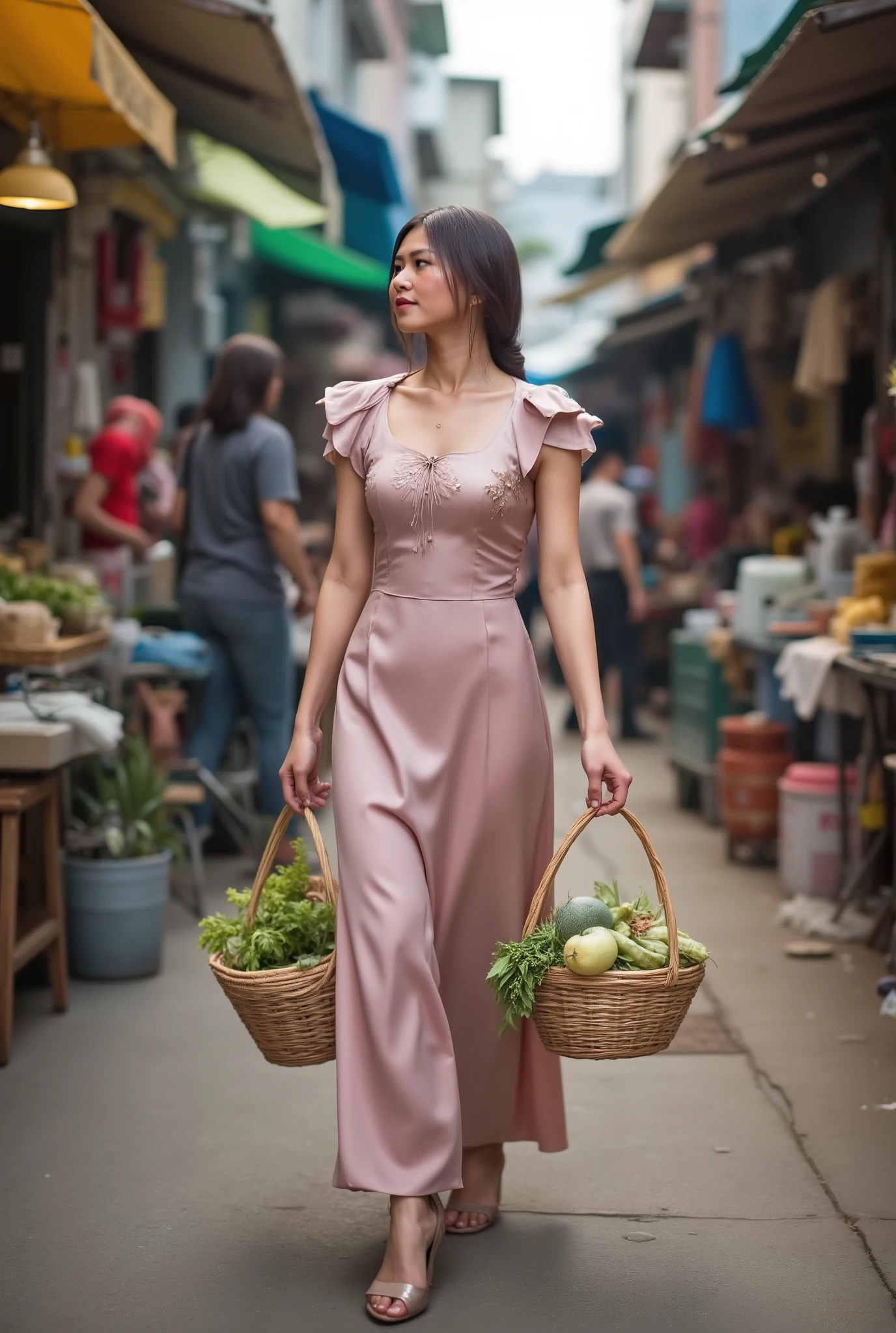 Tjia,A Vietnamese goddess wearing a refined, flowing áo dài with subtle silk embroidery, walking elegantly through a bustling Vietnamese chợ wet market in the early morning. She carries two round bamboo baskets filled with fresh herbs, long beans, fish, and ripe dragon fruit. Her confident, model-like stride contrasts with the busy scene of conical-hat vendors, low wooden stalls, and rising steam from pho and street-food pots. Cool morning light mixes with market shadows. 3/4 body wide medium shot, crisp and atmospheric.