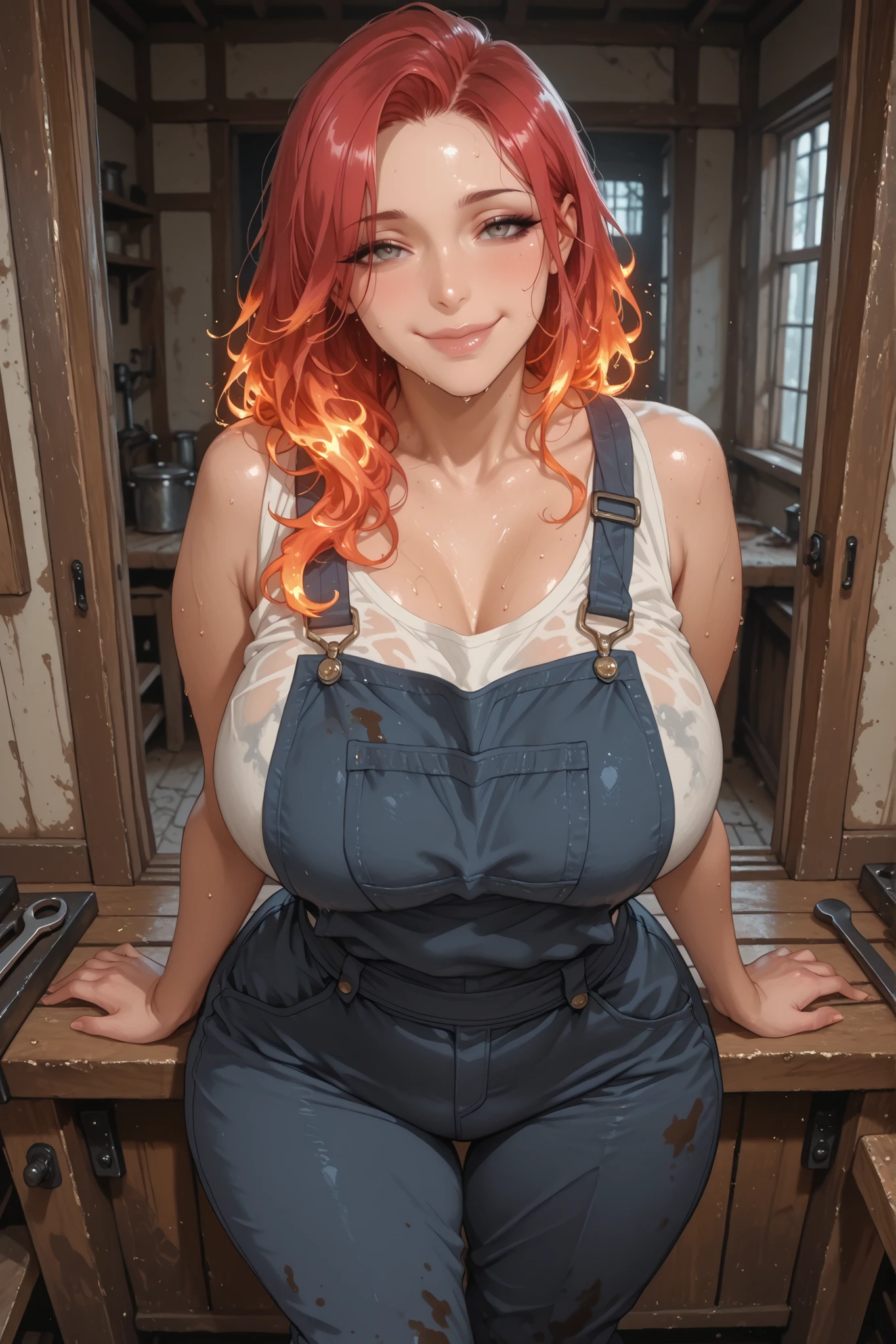 masterpiece, best quality, ultra-detailed, soft cinematic lighting, A curvy, capable woman with a wild mane of messy, fiery red hair works diligently in her humble workshop. Her focus is entirely on her task, her expression one of confident concentration, unconcerned with her disheveled appearance. She wears practical, oil-stained work clothes: a faded, fitted tank top under a durable canvas overall with patched knees, the fabric smudged with dirt and grease. Warm, dusty light streams through a small, grimy window, illuminating floating motes and gleaming off scattered metal tools on a sturdy wooden workbench. The atmosphere is one of industrious, hands-on creativity, , sweat, wide , rosy lips, modest makeup, smiling, standing, posing for a photo,