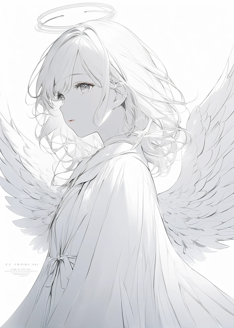 (masterpiece, best quality:1.3), (Extremely detailed:1.3), 1 Girl, Solitary, (White hair, Messy hair, Long hair), (Angel Wings, Angel Halo), flat , Yellow eyes, (White shirt, Black tie, Black coat, ), Cowboy shooting, light, (((Glowing light particles))), (Put your hands behind your back), Dynamic Angle,