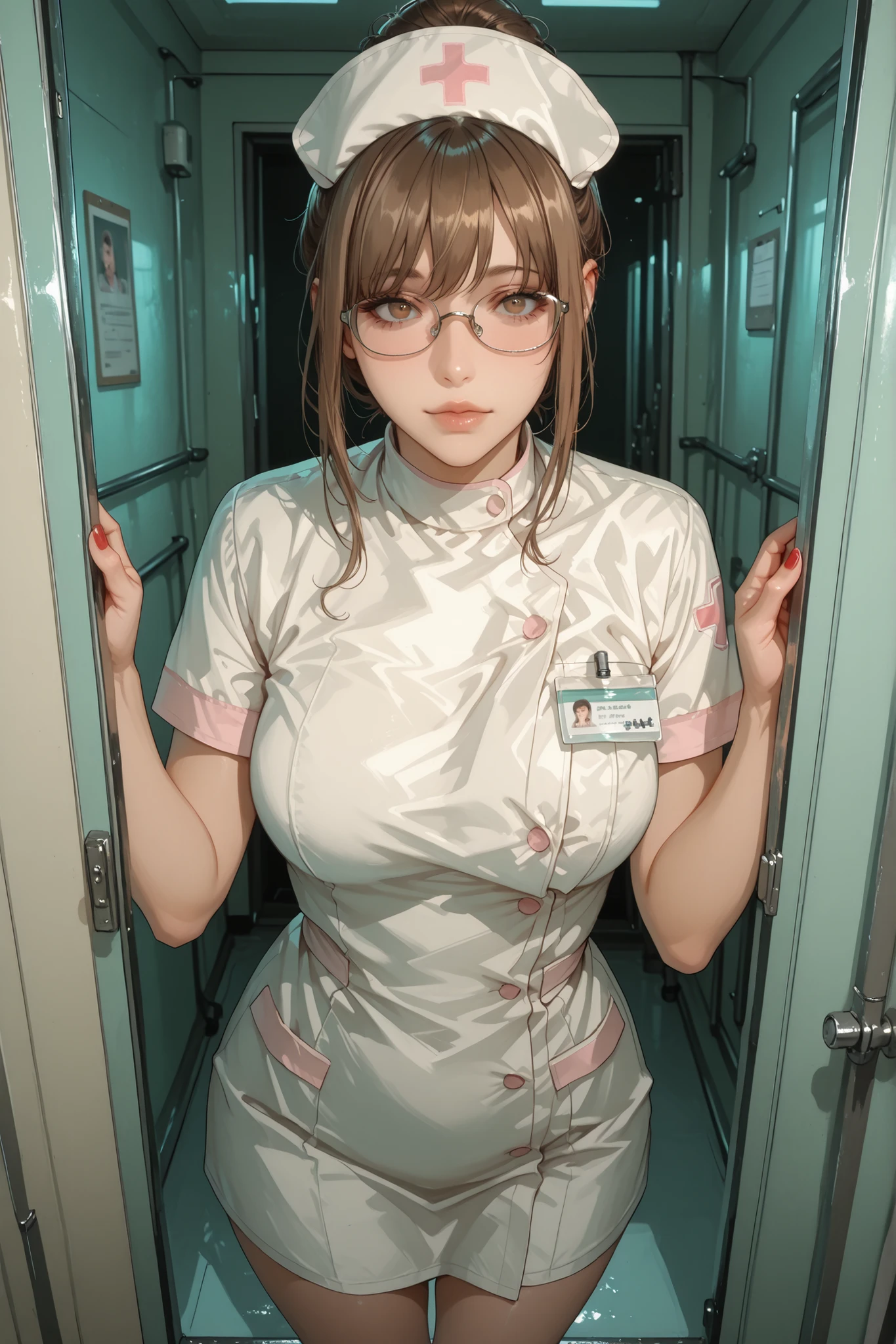 masterpiece, best quality, ultra-detailed, soft studio lighting, A professional nurse with an air of calm detachment. She has a warm brown hair styled in a neat, high bun, and wears thin, practical glasses. Her rosy lips are set in a neutral, composed line. She is dressed in a crisp, modest, traditional white nurse's uniform with a classic nurse cap pinned perfectly in place, sterile hospital room with pale green walls, The lighting is flat and fluorescent, casting clean, sharp shadows. The atmosphere is one of quiet, clinical efficiency, red nails, standing, posing for a photo,