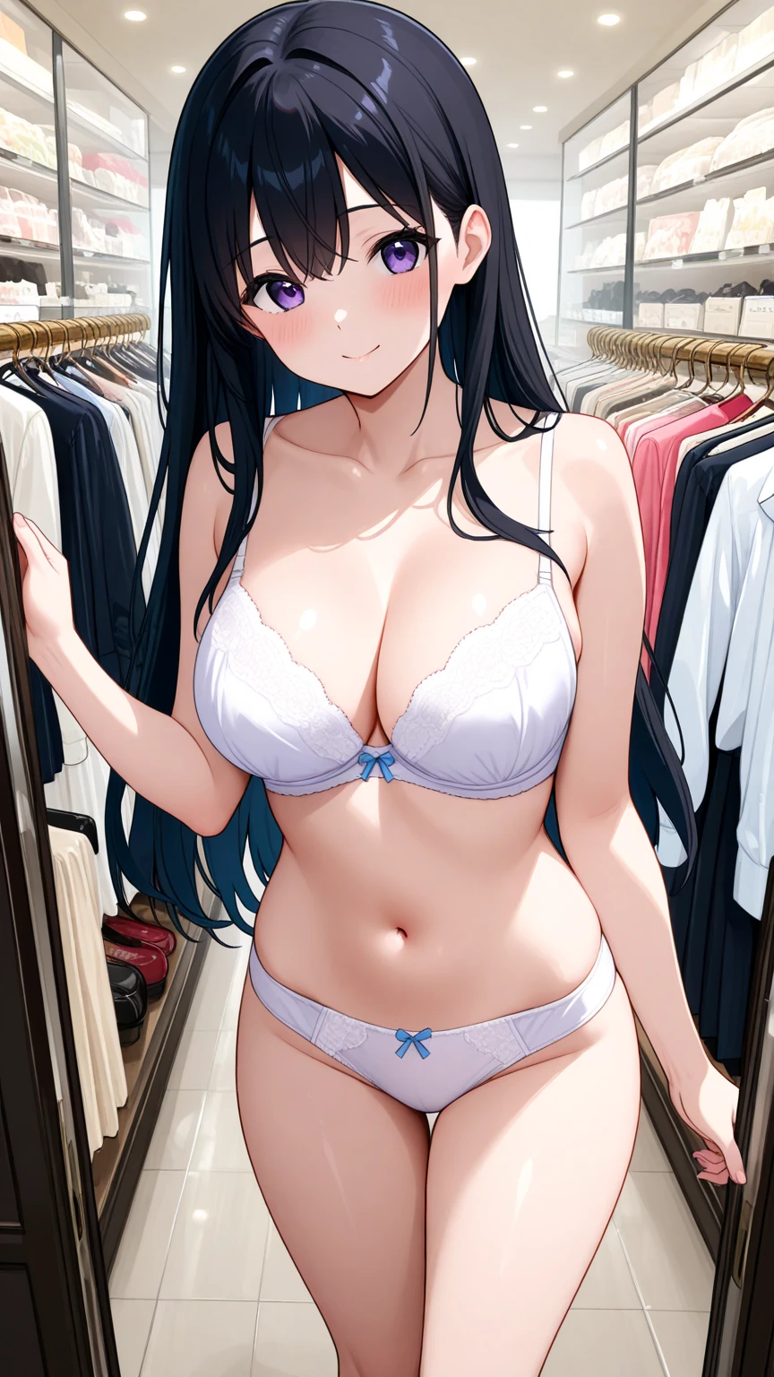 ????,masterpiece,Highest quality,High resolution,Super detailed,dawn_\(pokemon\),blue eyes, Blue Hair, Long Hair, Side Lock, Hair Clip, Beanie, Black Dress, No sleeve, Pink Skirt, scarf,Embarrassed,blush,Luxury lingerie shop,(????????? section),Luxury stores,(Male clerk),A man gropes a girl's ??????? ???????????