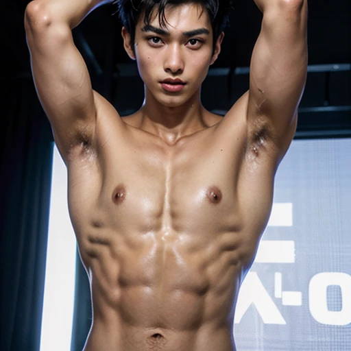 Eine hyperrealistische, 20 year old boy with white skin, dark eyes, dark eyebrows, show abs, , , shirtless, Athletic Body Spiky Hair,Serious male thoughtful observer wearing white , Mokkori, winter, outdoor, city