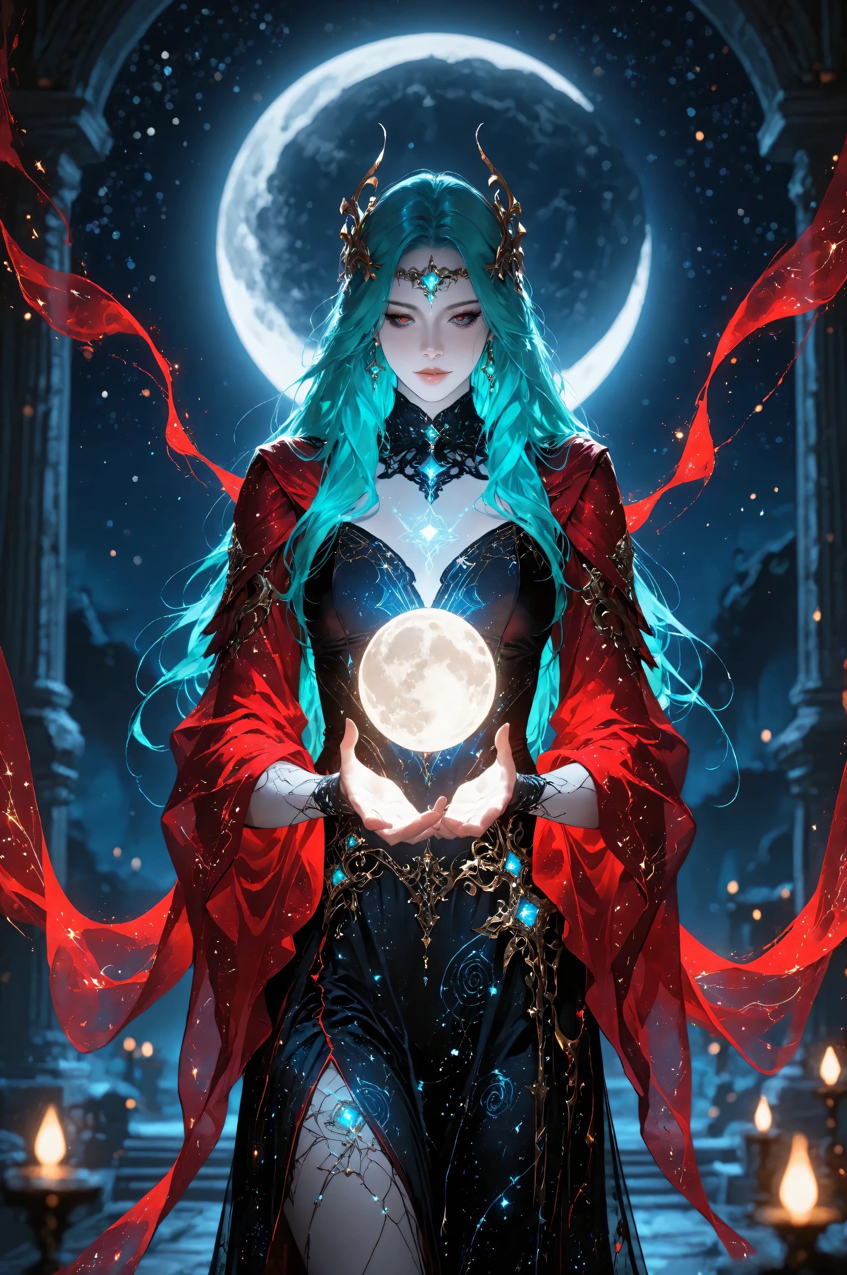 masterpiece, best quality, very aesthetic, absurdres,Fantasy Elements,a picture of an epic beautiful woman, ghostly beauty, wearing celestial dress, black silk dress, with celestial patterns, intricate dress, transluminescent dress, transparent dress, red sleeves, epic beautiful woman, pale skin perfect body, ghostly beauty, serene beauty, lush hair, long hair, azure glowing eyes, stars weaved in the woman's hair, light caress the woman, moon light caress the dress, fantasy art, night time, the moon rises, award winning, photorealism, depth of field, hyper realistic, zavy-ctcmcs, Celestial Fantasy, dnddarkestfantasy, Art Deco, hyp3rd3tail style, Ethereal Gothic Elegance