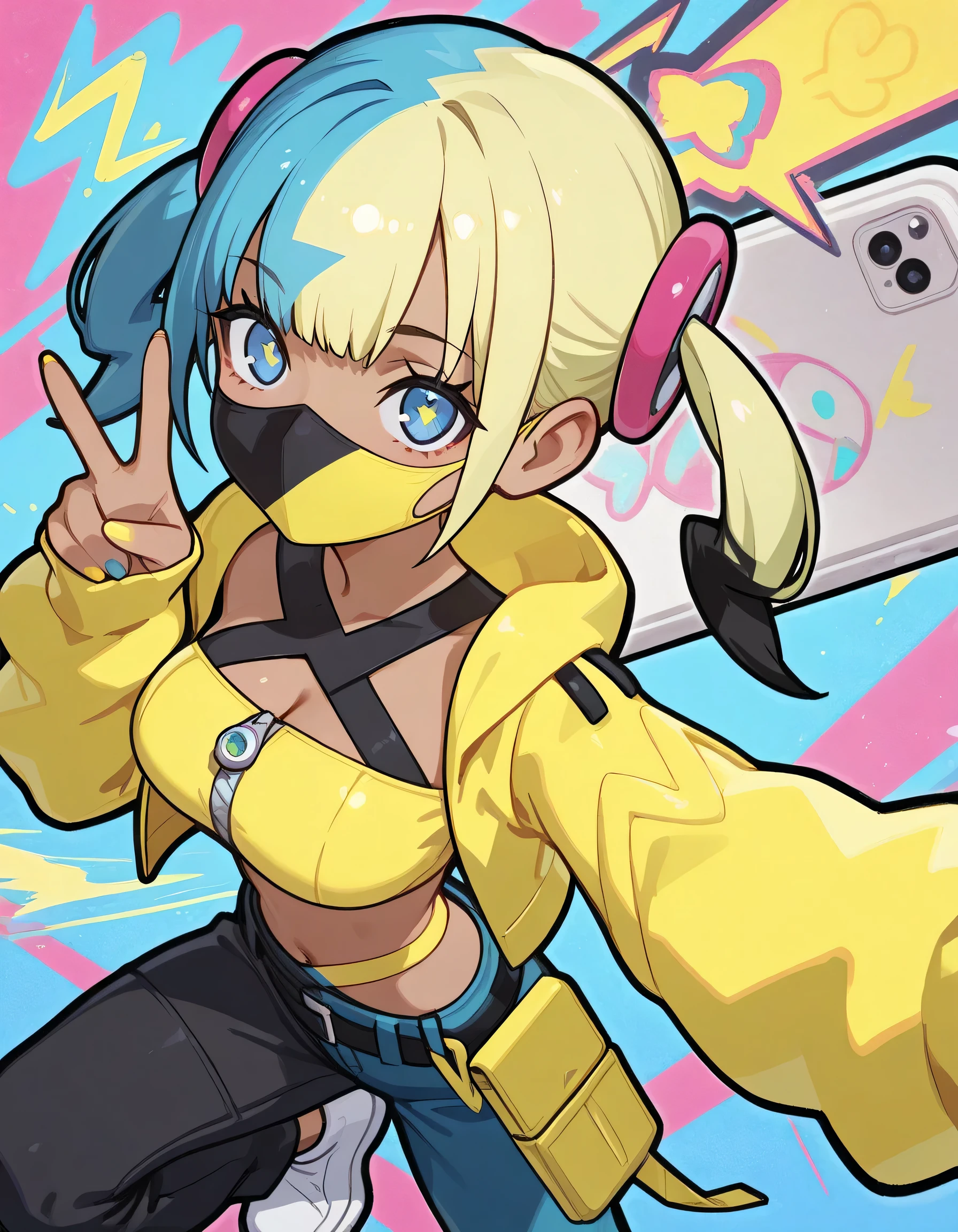 masterpiece, best quality, amazing quality,(dynamic fighting stance), 1girl, canari, dark skin, multicolored hair, two-tone hair, blonde hair, blue hair, twintails, blue eyes, hair ornament, mouth mask, yellow jacket, hooded jacket, open jacket, long sleeves, sleeves past wrists, crop top, midriff, zipper, nail polish, yellow nails, blue nails, pants, pouch, belt, white footwear, smile, looking at viewer, v, selfie, looking at viewer, heart,dynamic composition, vivid saturation, intricate details, by kyoto animation + ilya kuvshinov + rossdraws + loish + mika pikazo, masterpiece, best quality, ultra detailed, 8k, sharp focus --ar 3:4 --stylize 750 --v 6 --q 2,(bold black outline)++,elegant cleavage