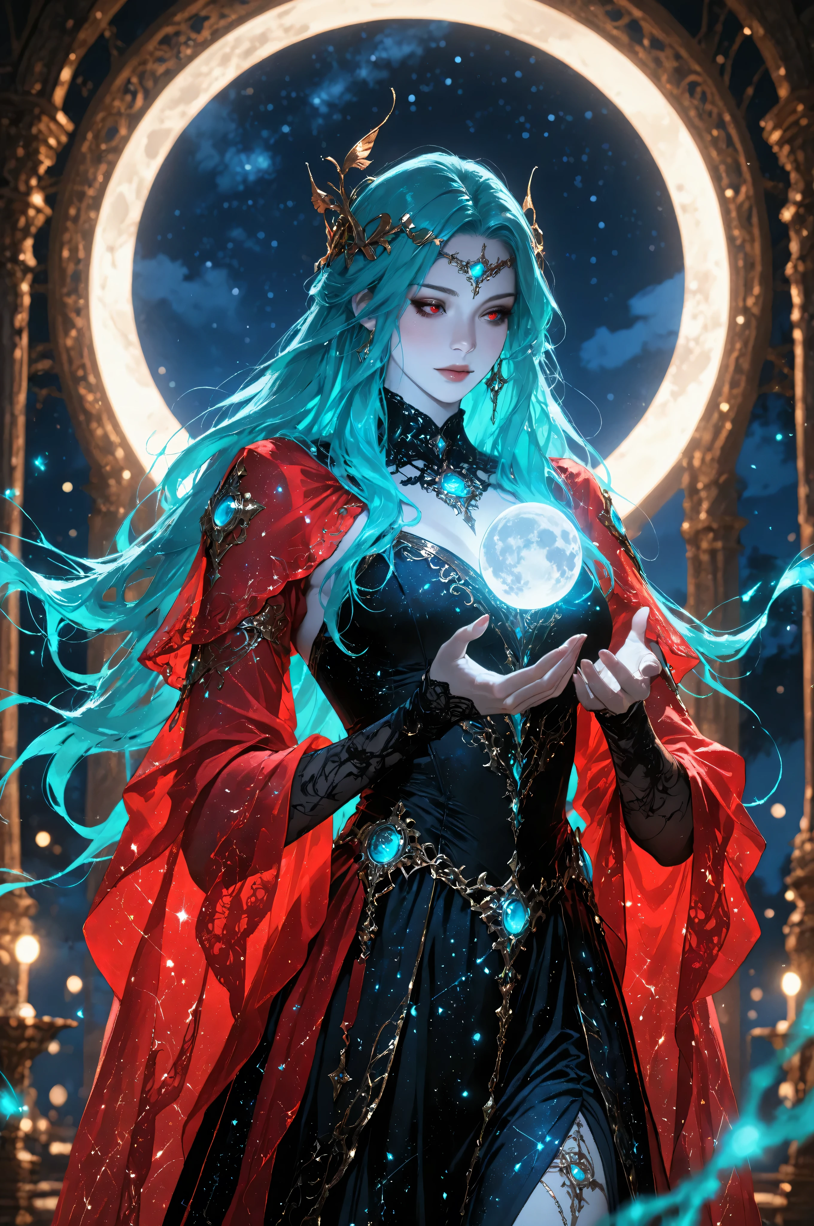 masterpiece, best quality, very aesthetic, absurdres,Fantasy Elements,a picture of an epic beautiful woman, ghostly beauty, wearing celestial dress, black silk dress, with celestial patterns, intricate dress, transluminescent dress, transparent dress, red sleeves, epic beautiful woman, pale skin perfect body, ghostly beauty, serene beauty, lush hair, long hair, azure glowing eyes, stars weaved in the woman's hair, light caress the woman, moon light caress the dress, fantasy art, night time, the moon rises, award winning, photorealism, depth of field, hyper realistic, zavy-ctcmcs, Celestial Fantasy, dnddarkestfantasy, Art Deco, hyp3rd3tail style, Ethereal Gothic Elegance