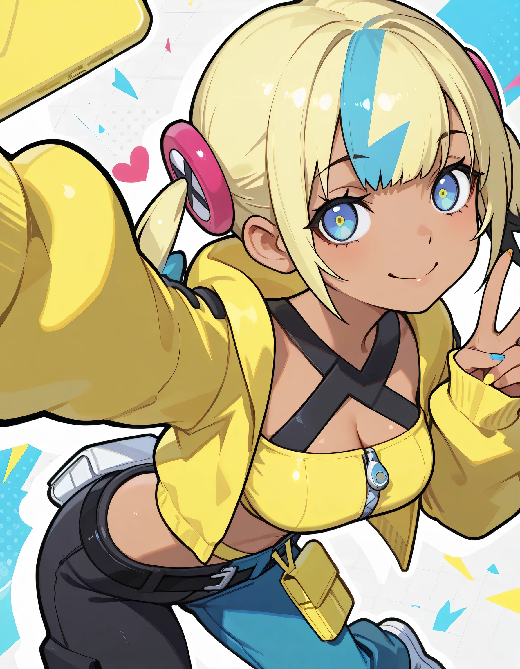 masterpiece, best quality, amazing quality,(dynamic fighting stance), 1girl, canari, dark skin, multicolored hair, two-tone hair, blonde hair, blue hair, twintails, blue smile eyes, hair ornament,smile, yellow jacket, hooded jacket, open jacket, long sleeves, sleeves past wrists, crop top, midriff, zipper, nail polish, yellow nails, blue nails, pants, pouch, belt, white footwear, smile, looking at viewer, v, selfie, looking at viewer, heart,dynamic composition, vivid saturation, intricate details, by kyoto animation + ilya kuvshinov + rossdraws + loish + mika pikazo, masterpiece, best quality, ultra detailed, 8k, sharp focus --ar 3:4 --stylize 750 --v 6 --q 2,(bold black outline)++,elegant cleavage