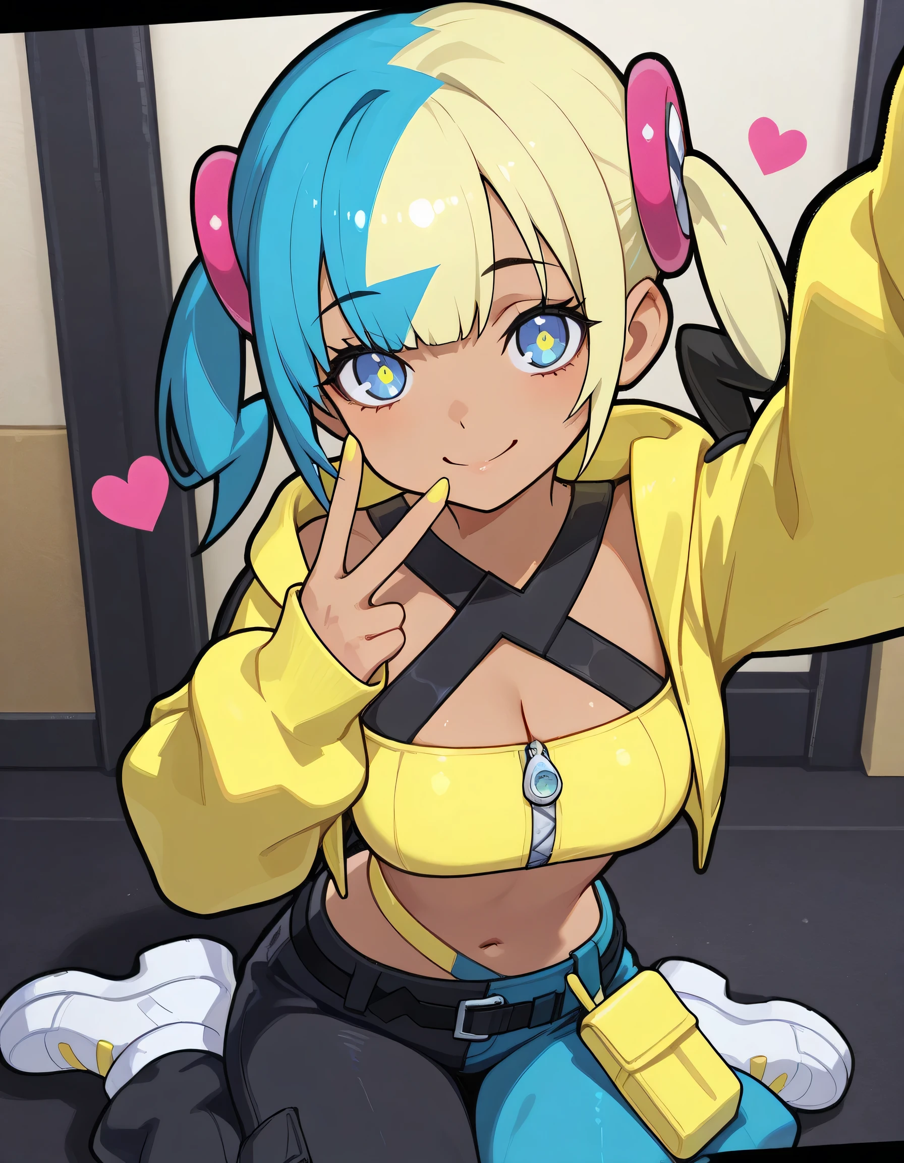 masterpiece, best quality, amazing quality,(dynamic cute wariza), 1girl, canari, dark skin, multicolored hair, two-tone hair, blonde hair, blue hair, twintails, blue smile eyes, hair ornament,smile, yellow jacket, hooded jacket, open jacket, long sleeves, sleeves past wrists, crop top, midriff, zipper, nail polish, yellow nails, blue nails, pants, pouch, belt, white footwear, smile, looking at viewer, v, selfie, looking at viewer, heart,dynamic composition, vivid saturation, intricate details, by kyoto animation + ilya kuvshinov + rossdraws + loish + mika pikazo, masterpiece, best quality, ultra detailed, 8k, sharp focus --ar 3:4 --stylize 750 --v 6 --q 2,(bold black outline)++,elegant cleavage