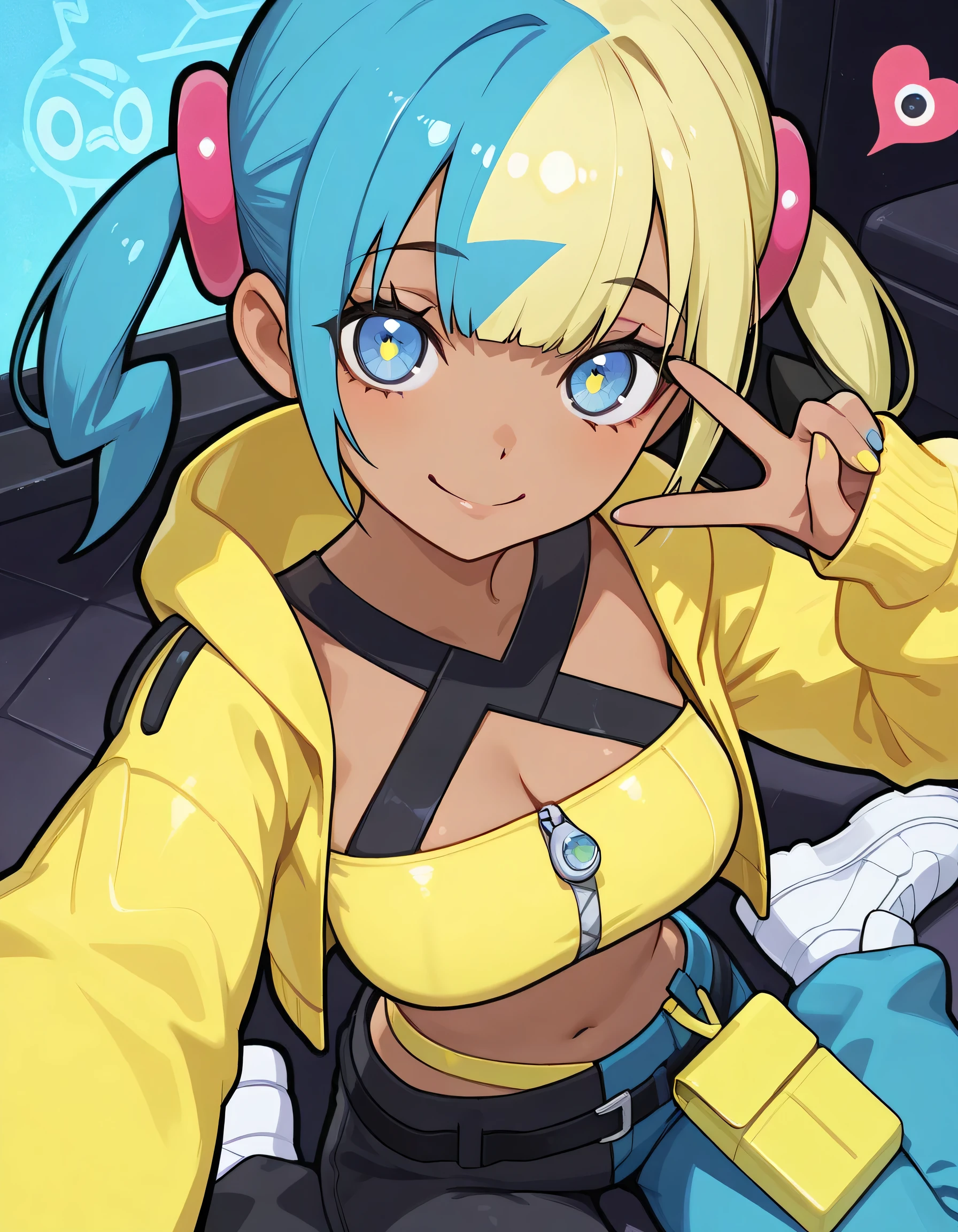 masterpiece, best quality, amazing quality,(dynamic cute wariza), 1girl, canari, dark skin, multicolored hair, two-tone hair, blonde hair, blue hair, twintails, blue smile eyes, hair ornament,smile, yellow jacket, hooded jacket, open jacket, long sleeves, sleeves past wrists, crop top, midriff, zipper, nail polish, yellow nails, blue nails, pants, pouch, belt, white footwear, smile, looking at viewer, v, selfie, looking at viewer, heart,dynamic composition, vivid saturation, intricate details, by kyoto animation + ilya kuvshinov + rossdraws + loish + mika pikazo, masterpiece, best quality, ultra detailed, 8k, sharp focus --ar 3:4 --stylize 750 --v 6 --q 2,(bold black outline)++,elegant cleavage
