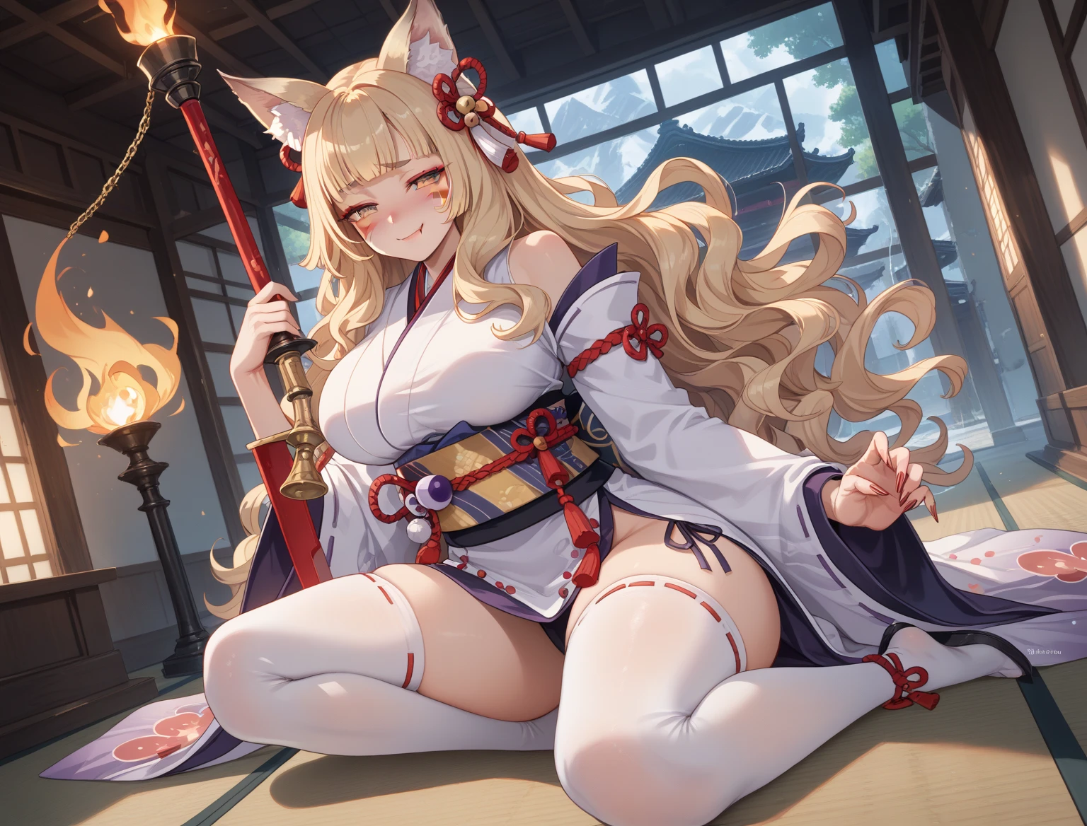 a sexy , has very long white hair, breasts, showing cleavage, has fox ears, wearing sakura kimono, in a gypsy tent, reading a crystal ball and surrounded by tarot cards, surrounded by candles, mystical, showing legs, sitting on cloth laden stool, has a table in front of her
