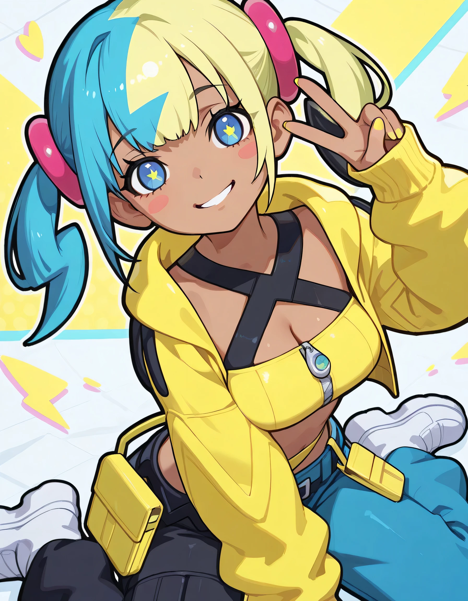 (dynamic cute wariza), 1girl, canari, dark skin, multicolored hair, two-tone hair, blonde hair, blue hair, twintails, blue smile eyes, hair ornament,smile, yellow jacket, hooded jacket, open jacket, long sleeves, sleeves past wrists, crop top, midriff, zipper, nail polish, yellow nails, blue nails, pants, pouch, belt, white footwear, smile, looking at viewer, v, blush stickers:1.3, looking at viewer, heart,dynamic composition, vivid saturation, intricate details, by kyoto animation + ilya kuvshinov + rossdraws + loish + mika pikazo, masterpiece, best quality, ultra detailed, 8k, sharp focus --ar 3:4 --stylize 750 --v 6 --q 2,(bold black outline)++,elegant cleavage