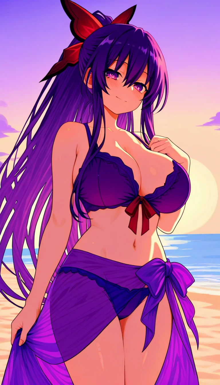 score_9, score_8_up, score_7_up, pinup girl pose, Expressiveh, aesthetic, dramatic angle, unique perspective, unique angle,  
big breasts, 
patFern, long hair, bangs, purple eyes, purple hair, sidelocks, blunt bangs, bright pupils, half updo, bikini, tropical beach, sun, clouds,
leaning forward, cleavage, head tilt, looking at viewer, cowboy shot, dutch angle, solo,
extremely smug, smile,  
blush, horny,