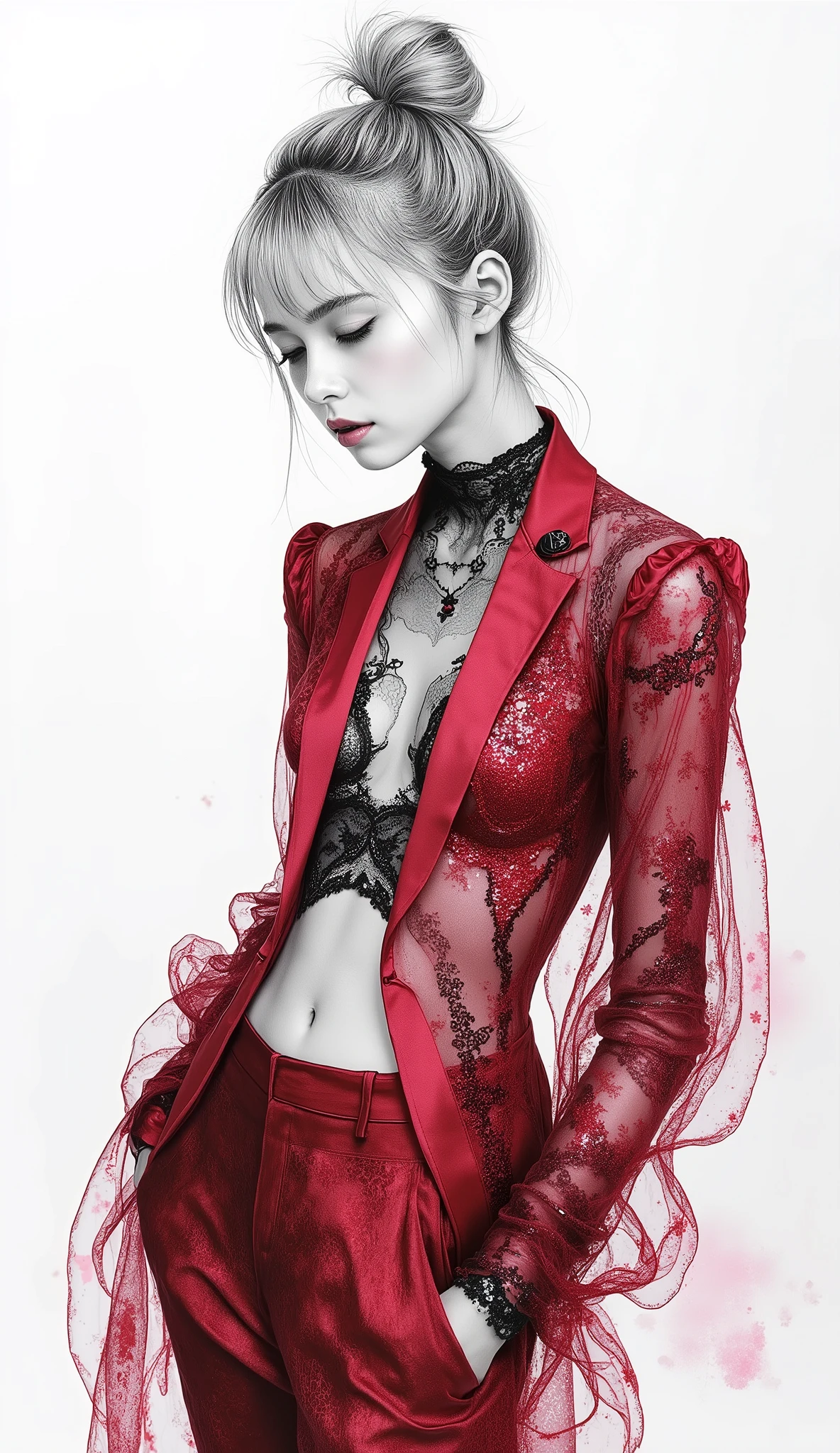 a photorealistic sumi-e illustration with digital illuminate crystal clear ruby oil, monochrome with emphasis on digital illuminate ruby red, stylish angle.
a scrawny petite delicate thin 14yo model girl wearing an abstract super sheer lacy tailored jacket and super sheer lacy hipster slacks on no clothes, which jacket and slacks are made of digital illuminate crystal clear ruby oil. which ruby oil is abstract haze yet elaborate sheer lacy liquid, elegant yet digital, chaos construction yet geometric fractal. she strikes stylish model pose.
she is pale silver hair, hair bun, no makeup, pale fairy skin, super slim, skinny lower abdomen.
She who drawn in sumi-e rendered in fluid sumi-e brushstrokes with dense black like the abyss washes bleeding into translucent grays. the form elongates in dynamic sweeps across a void background.
a contrast between monochrome sumi-e and the digital illuminate ruby red is an impressive accent. this is ethereal, picturesque, photorealistic, artistic, poetic, dreamy, ephemeral, spiritual, mysterious, mystical, artisanal, alluring, vixenish. stunning light expression, hyper photorealism, Highest resolution, innocence, neat and clean, masterpiece.
