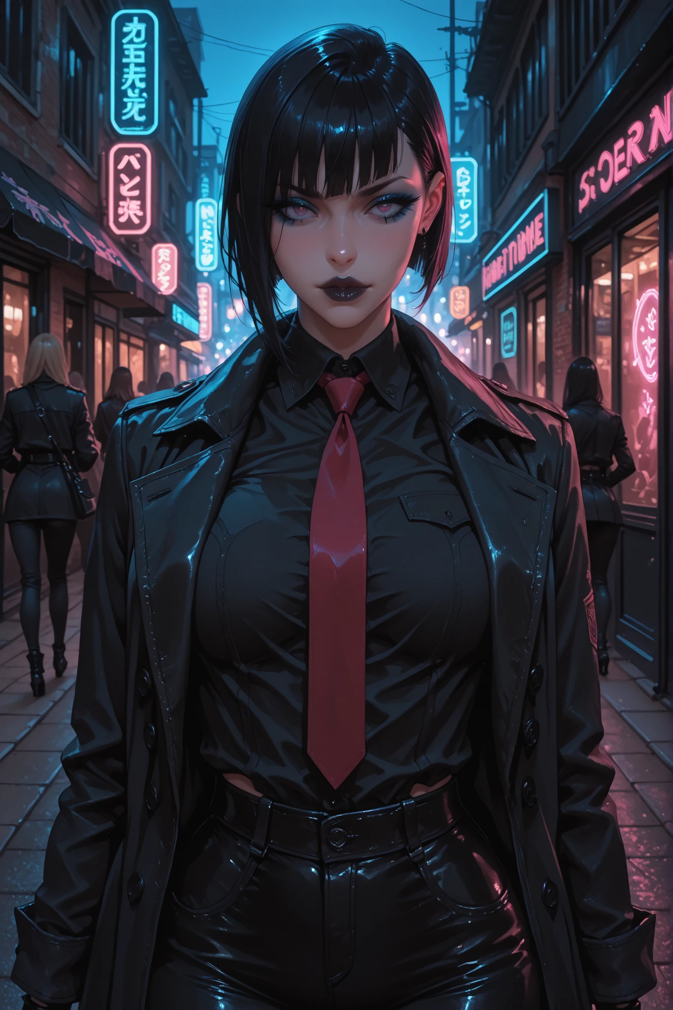masterpiece, best quality, ultra-detailed, cinematic lighting, A fierce and dangerous woman stands confidently on a urban sidewalk at night. Her head is shaved in a sharp buzzcut. Her makeup is stark and dramatic: black-painted lips and bold, electric blue eyeshadow framing a gaze of cool defiance. She wears a tailored black trench coat over a crisp black shirt and a vibrant red tie, with fitted black pants and sleek black leather gloves. Neon signs from nearby bars and storefronts, casting a colorful, dramatic glow on her commanding figure, gothic-punk, stylish urban noir, 80' clothes, slim body,