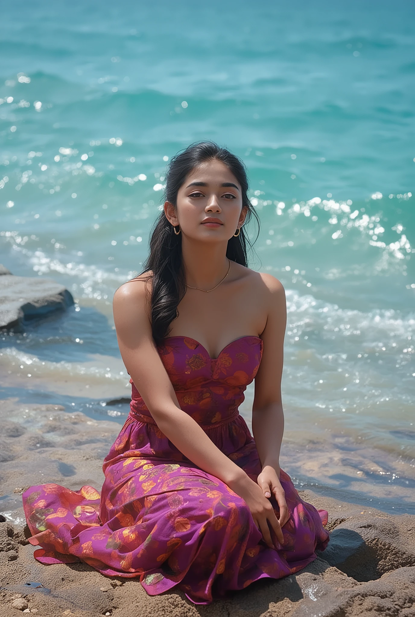 (best quality,4k,8k,highres,masterpiece:1.2),ultra-detailed,(Ultra-realistic, photorealistic,photo-realistic:1.37), 1 beautiful young Indian girl, brown skin, 17yo, no make up, Masterbate, feeling orgasm, seductively, sitting on coral coast in Australia, detailed iridescent eyes, delicate facial features, long eyelashes, peaceful expression, colorful dress, detailed folds and textures, Sparkling Waves, cool vibrant colors, cinematic lighting, 8k, high quality, photorealistic, masterpiece, studio lighting, detailed texture, cool colors, black hairs