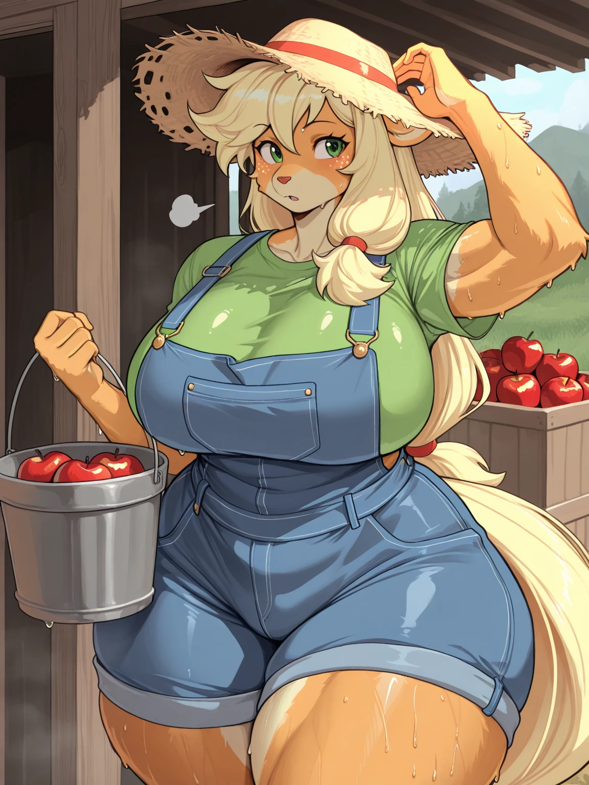 (masterpiece, best quality, highres, detailed, realistic:1.5), american woman, teenager, young, detailed face, beautiful face, (gigantic breasts:1.9), (bursting breasts), (pleased expression:1.3), thin, (skinny:1.3), dungarees, barrister blonde braided hair, confident, open smile, customers staring, coffee shop, green starbucks cap