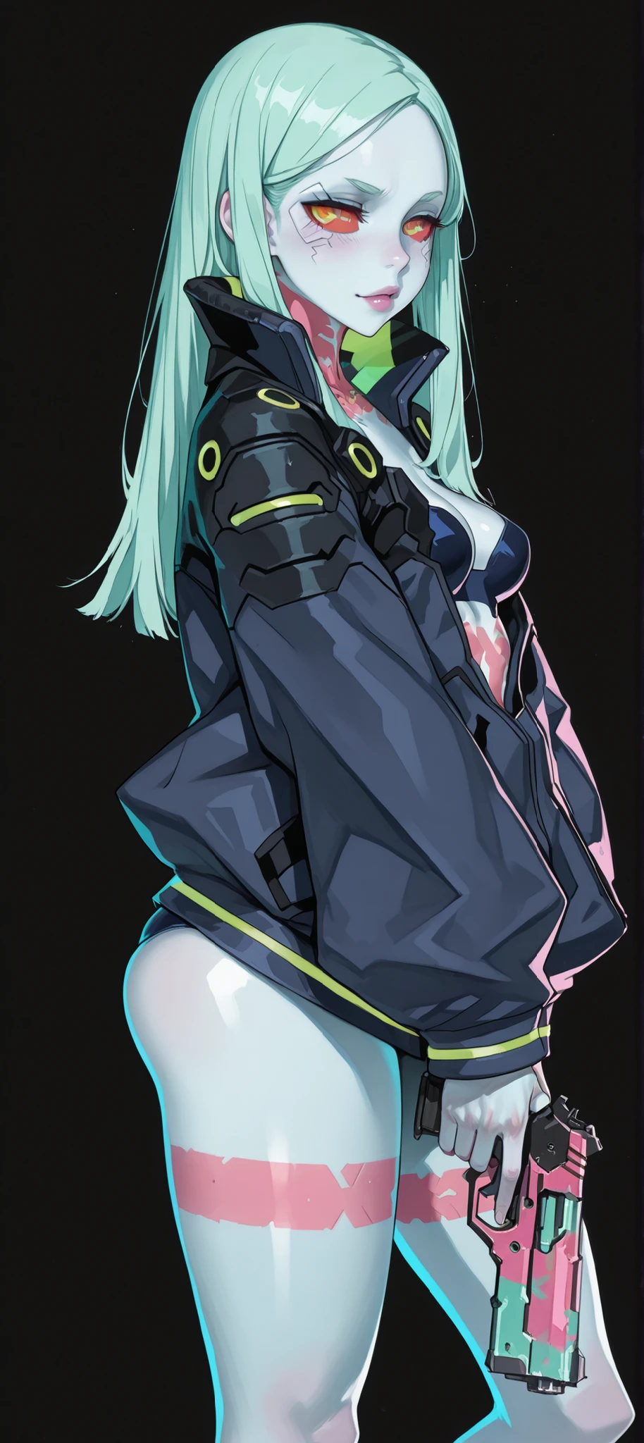 ((Simple Background, color gris)), intricate details, High quality, aesthetic, ultra detailed, ((masterpiece, detailed:1.2), ((dramatic image)), Fantasy eyes, medium breasts, body fit, soft curves, hand, 1girl, rebecca(cyberpunk), ((2 collections)), jacket, pants, seductive expression, no lip, standing, captures knee-deep , kneels down, ((Aim forward with your gun, A looker)), dynamic,