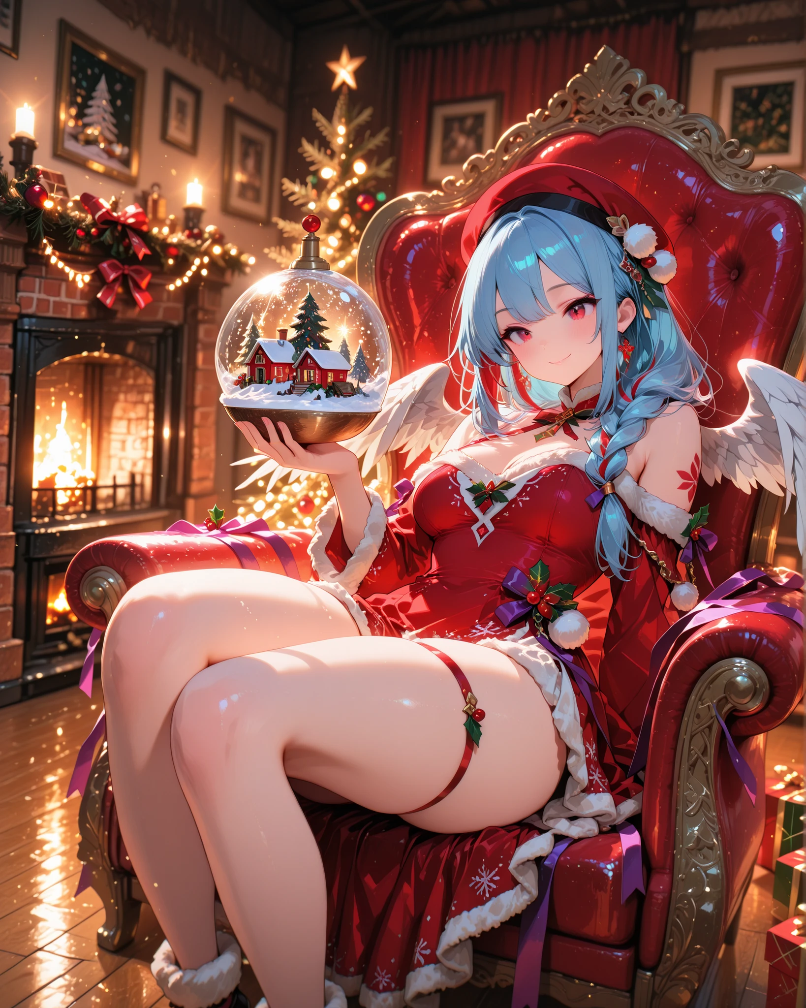 Front angle, close-up, (Masterpiece, 4K, ultra-detailed, vivid and vibrant colors), {Jasmine}:(a beautiful and attractive woman with thick thighs, long blue hair with red streaks, have one wing white angel on her shoulder, red eyes, wearing a red hat with a white pompom on the tip, which falls over her face. Her hair is in an elaborate braid that falls over her shoulder. She wears a low-cut red dress with white details as if it were snow, sitting on a comfortable red throne with Jazzy behind her, while Jasmine delicately holds a Christmas-inspired snow globe with a happy expression and harmony), A cozy house, illuminated by a fireplace in the background, a large pine tree to the side, decorated with Christmas ornaments and lights, and on the wooden floor several gift boxes wrapped in red paper and purple ribbons.