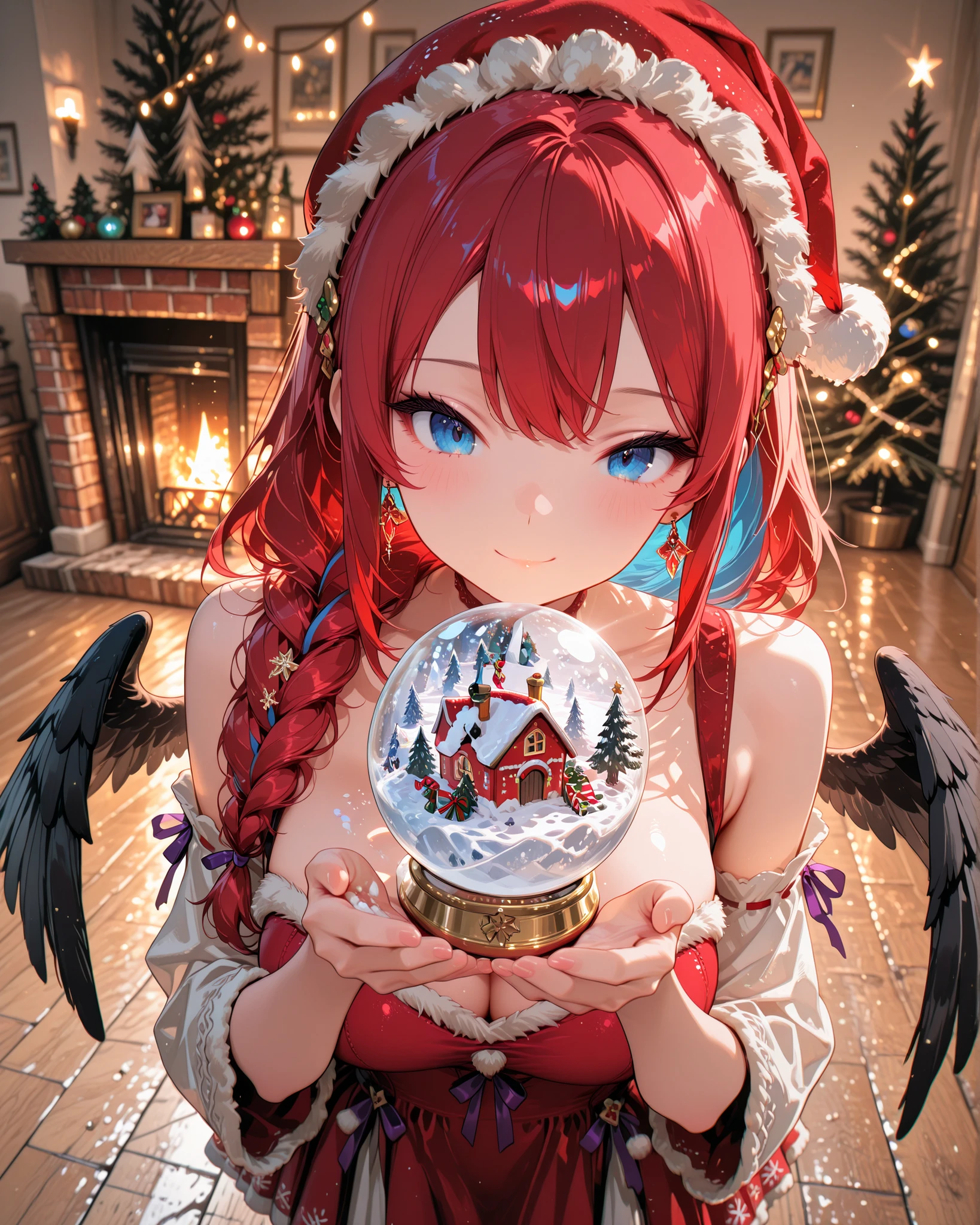 Front angle, close-up, (Masterpiece, 4K, ultra-detailed, vivid and vibrant colors), {Jazzy}: (a beautiful and attractive woman with long red hair with blue streaks and blue eyes, have a one black wing angle on her shoulder, with large breasts, wearing a red hat with a white pompom on the tip, which falls over her face. Her hair is in an elaborate braid that falls over her shoulder. She wears a low-cut red dress with white details as if it were snow, Standing, holding a Christmas-inspired snow globe, with a neutral expression but a slight smile.), A cozy house, illuminated by a fireplace in the background, a large pine tree to the side, decorated with Christmas ornaments and lights, and on the wooden floor several gift boxes wrapped in red paper and purple ribbons.